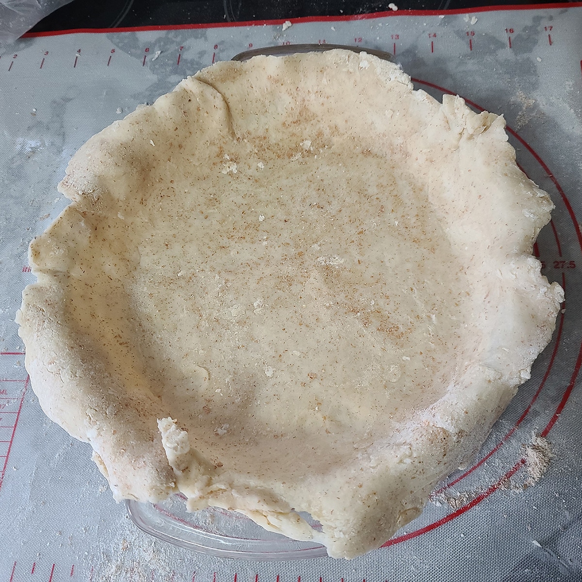 A round of pie crust in a pie pan.