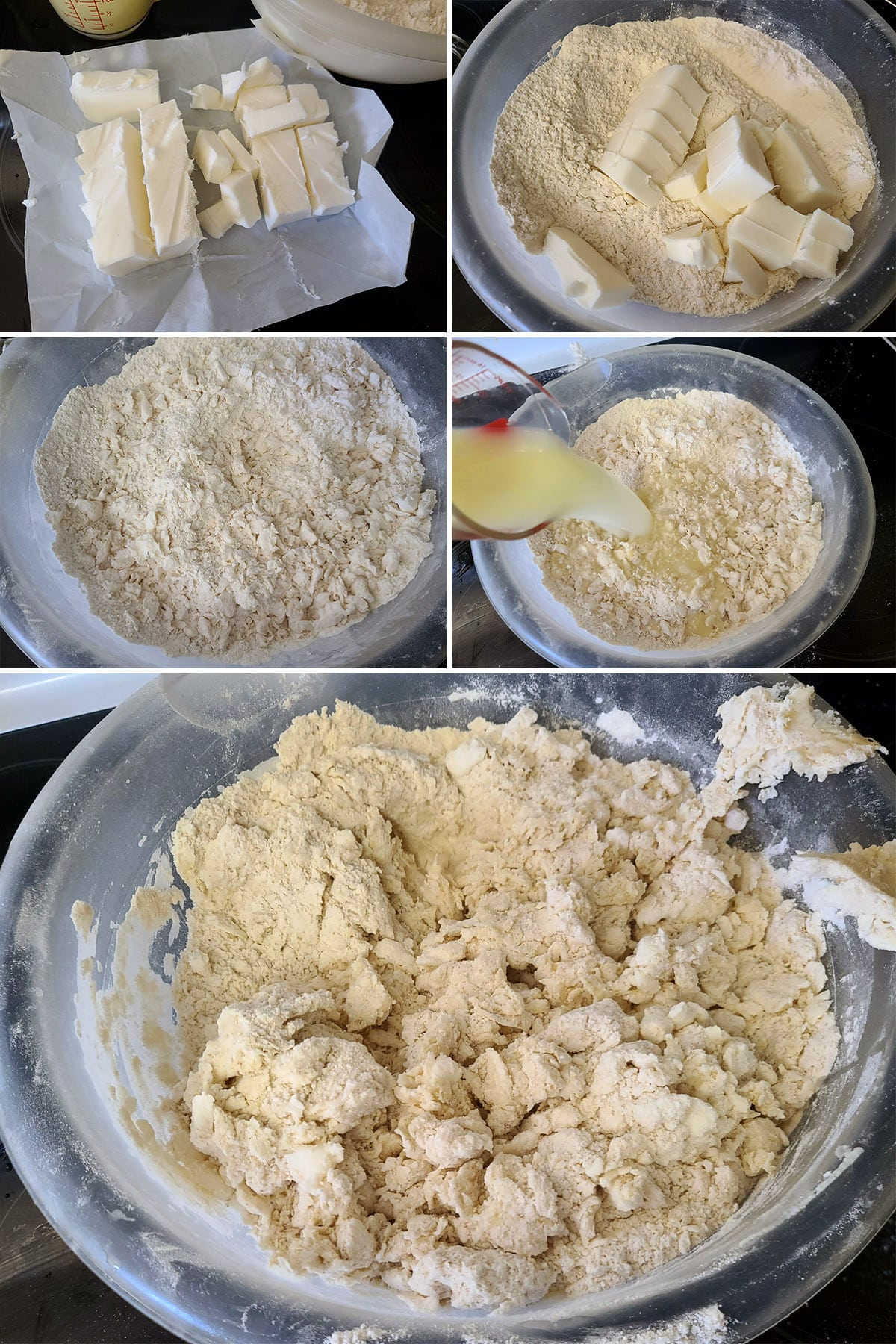 A 5 part image showing the lard and water being mixed into the dry ingredients.