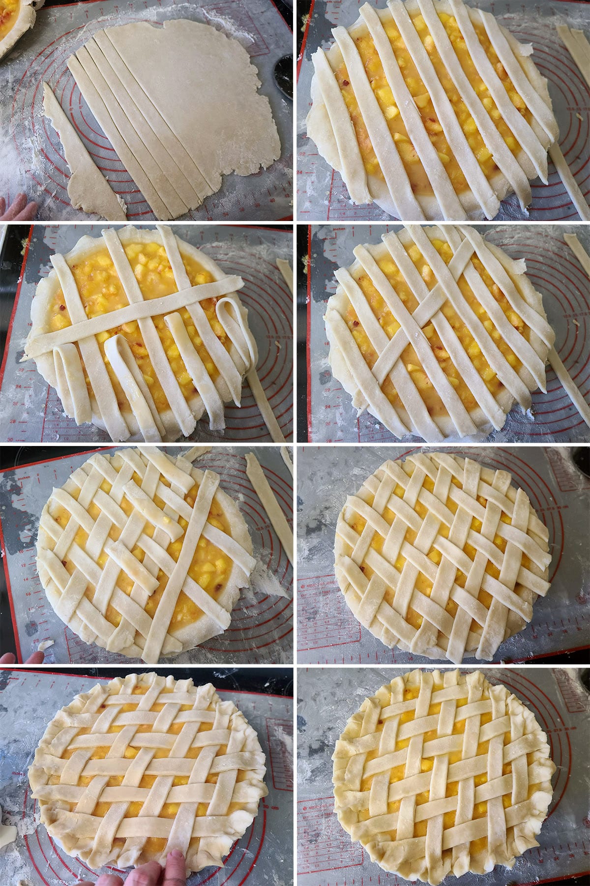 An 8 part image showing pie crust being worked into a lattice topping on a peach pie.
