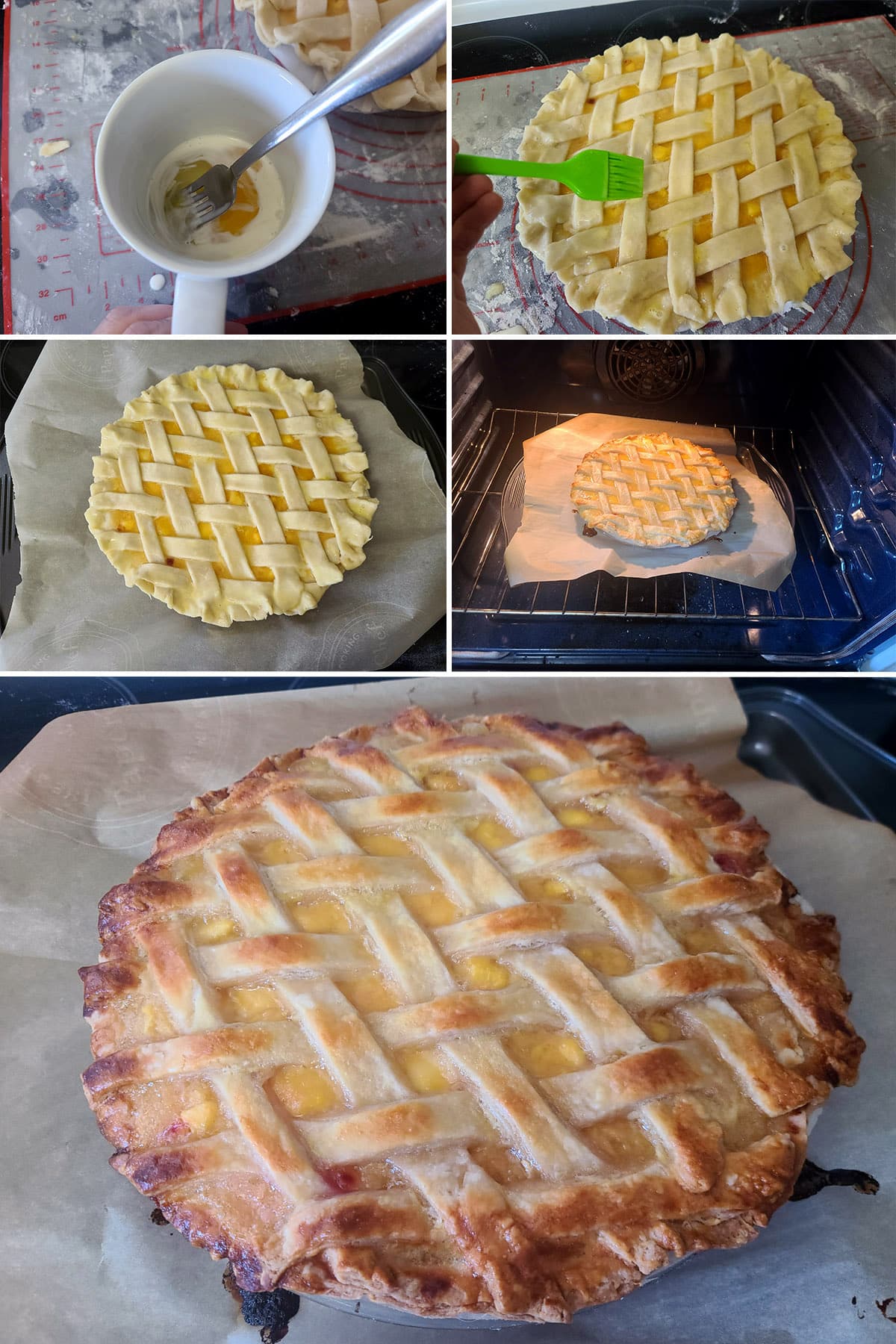 A 5 part image showing the pie being brushed with egg wash and baked.