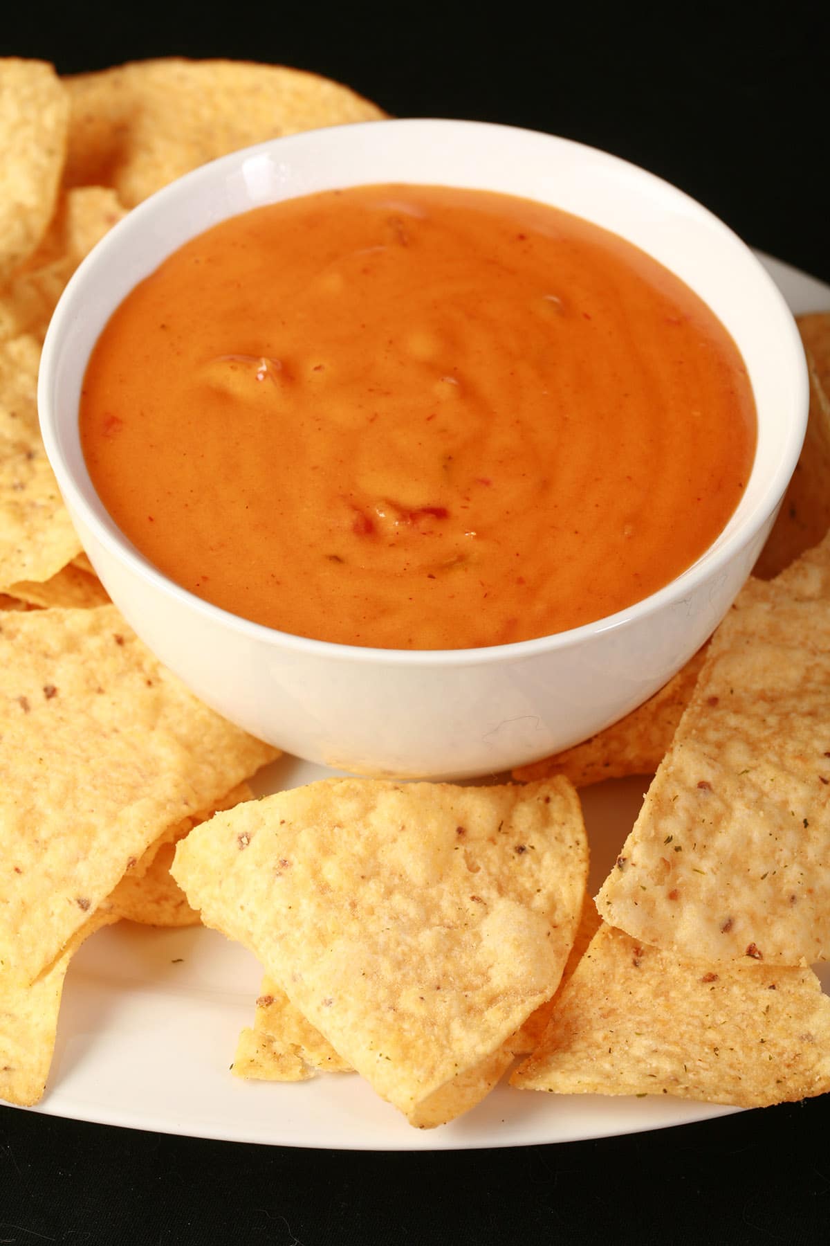 A bowl of real cheese dip, surrounded by tortilla chips.