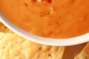 A bowl of real cheese dip, surrounded by tortilla chips.