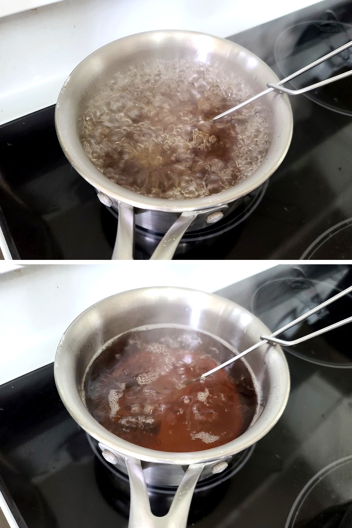 A two part image showing a small pot of clear brown liquid, at first boiling, then at a simmer.