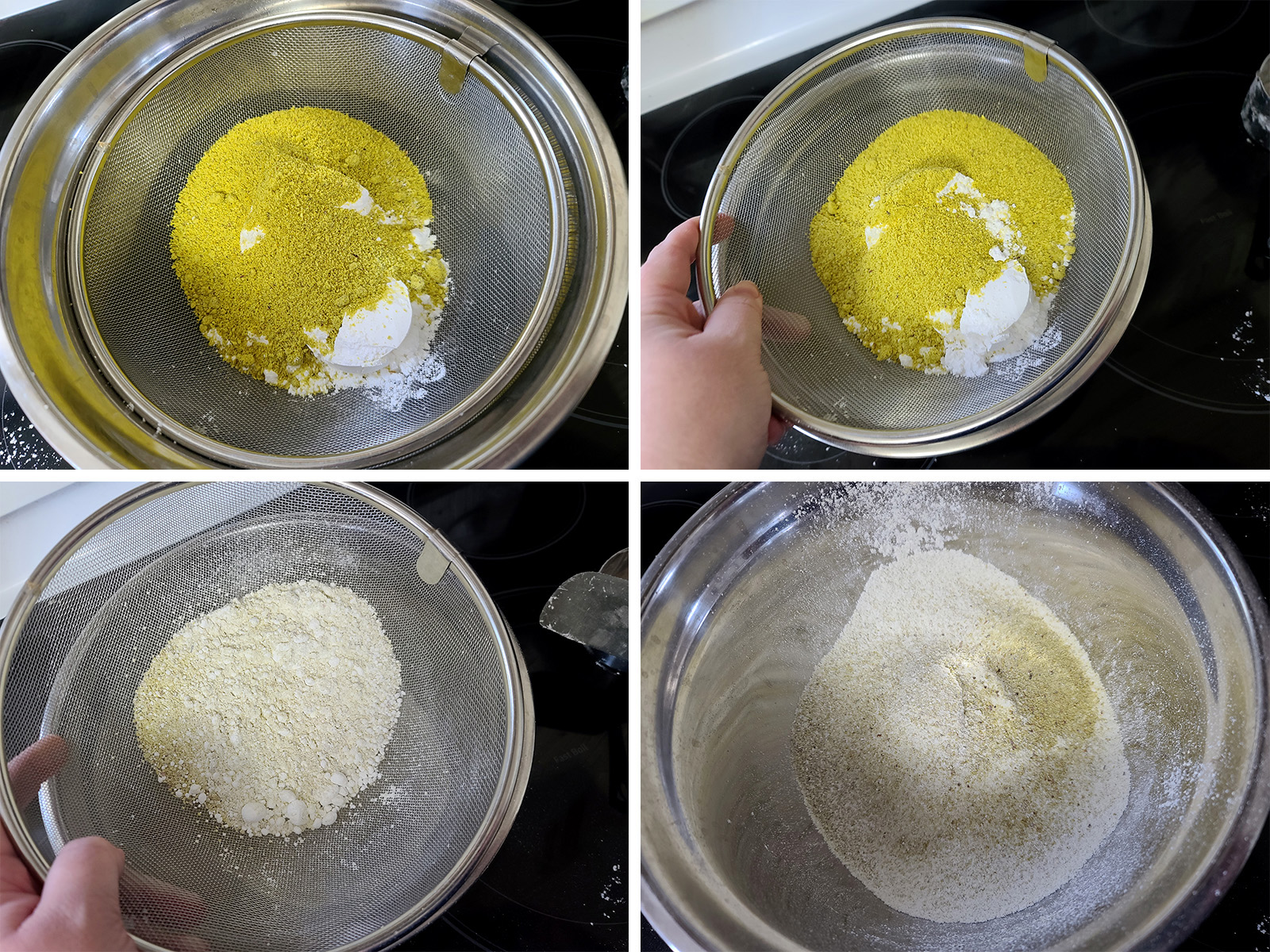 Powdered sugar and pistachio flour being sifted into a metal bowl.