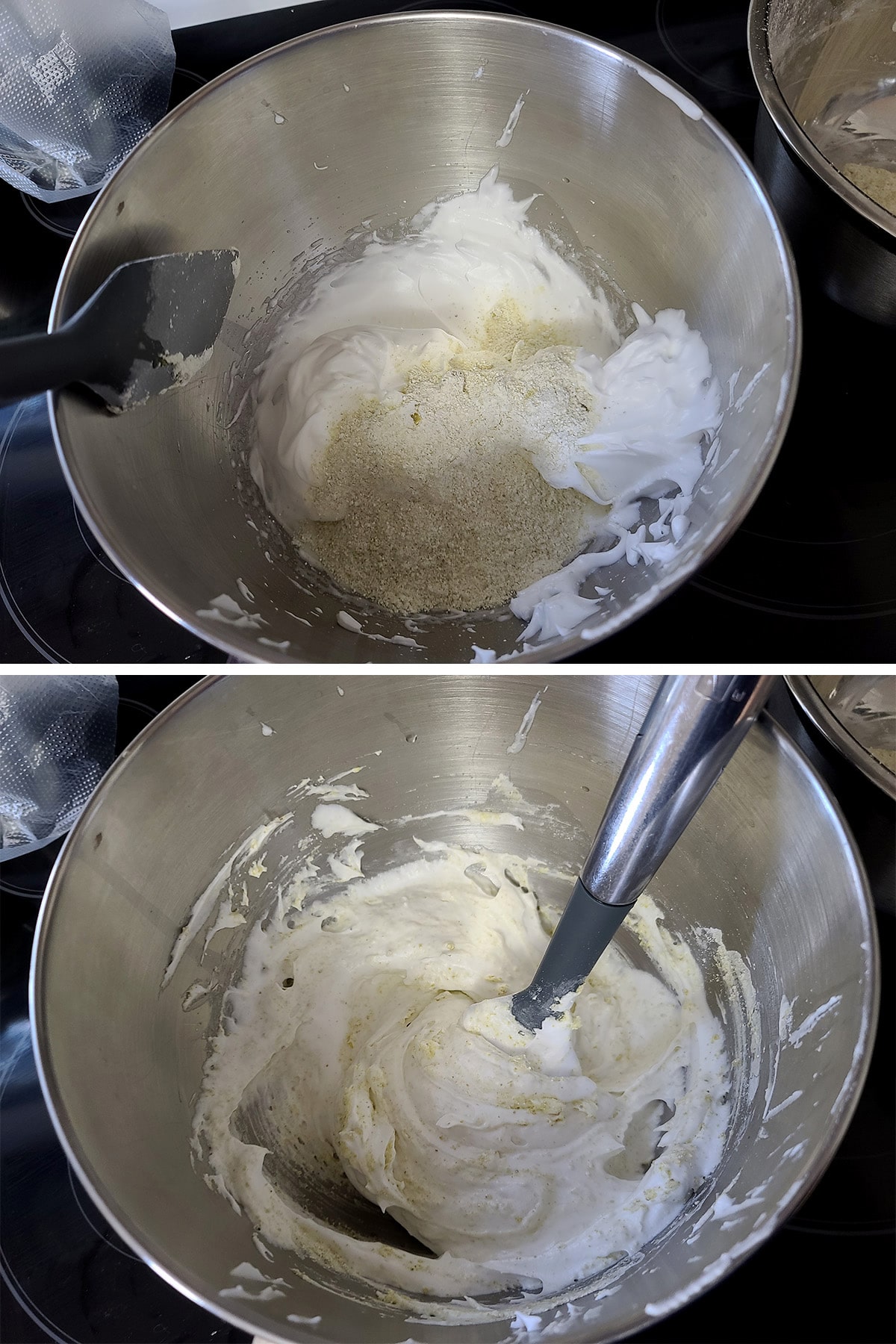 A small amount of the nut mixture being added to the eggs and stirred around.