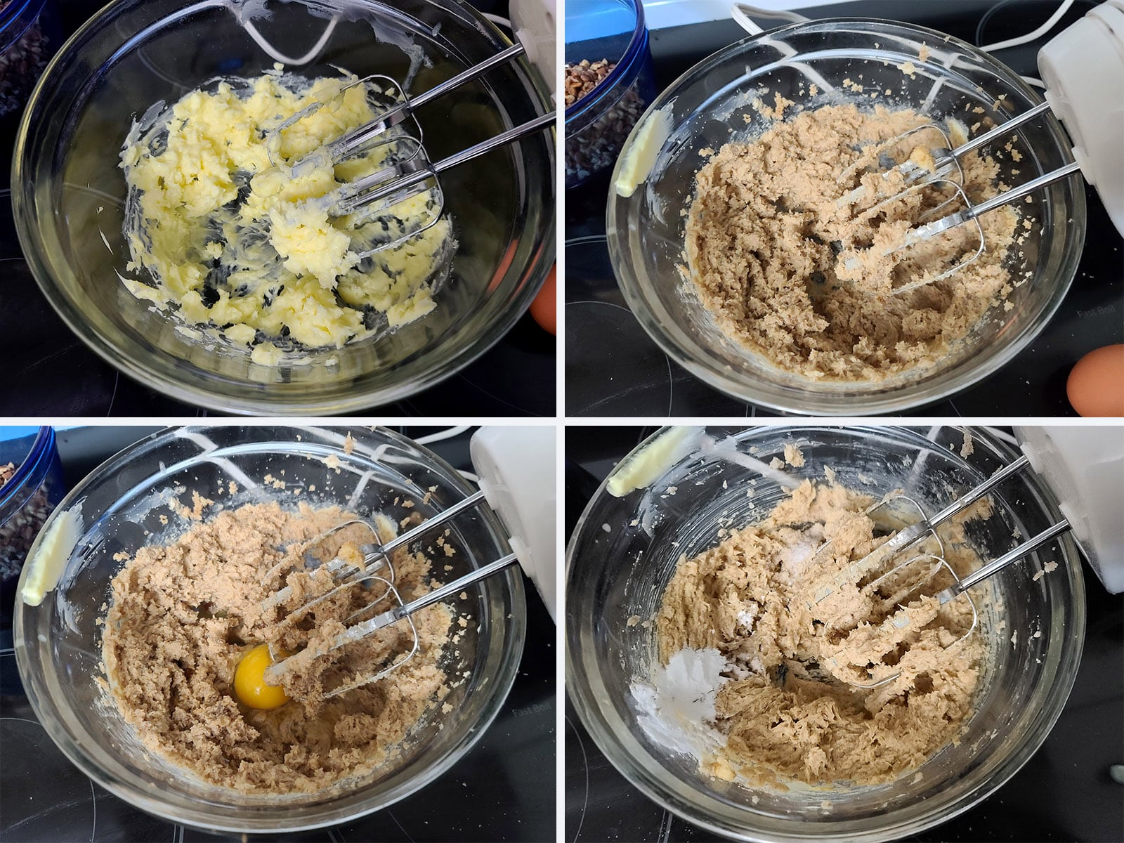 A 4 part image showing the butter and sugar being creamed, and the eggs added in.