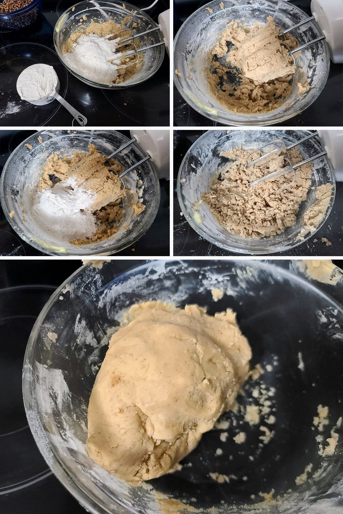 A 5 part image showing the dry ingredients mixed together and combined with the wet ingredients to create a light brown cookie dough.