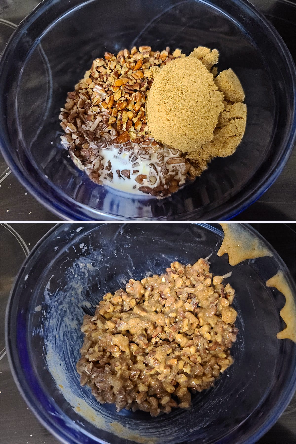 A 2 part image showing the pecan pie filling being mixed together.