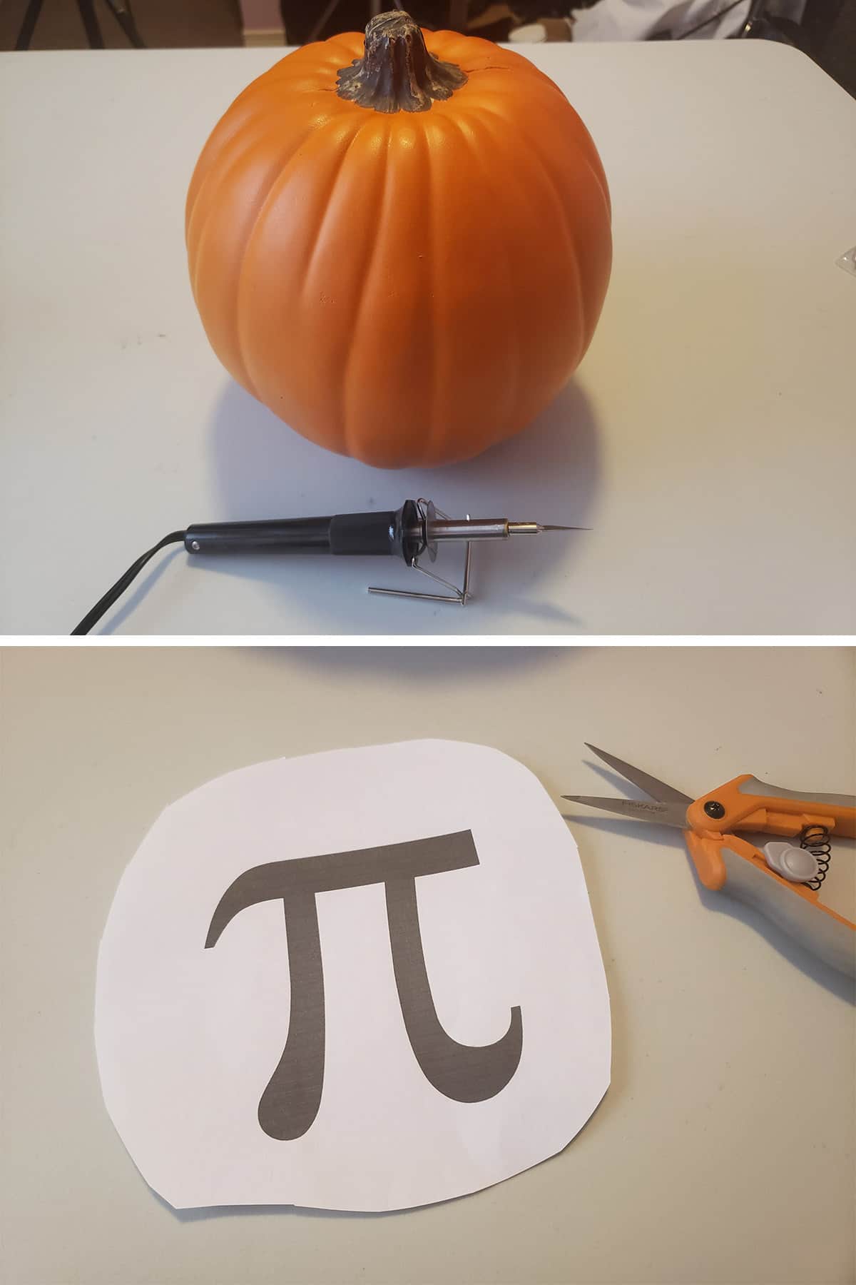A foam pumpkin with a piece of paper with the pi symbol on it.
