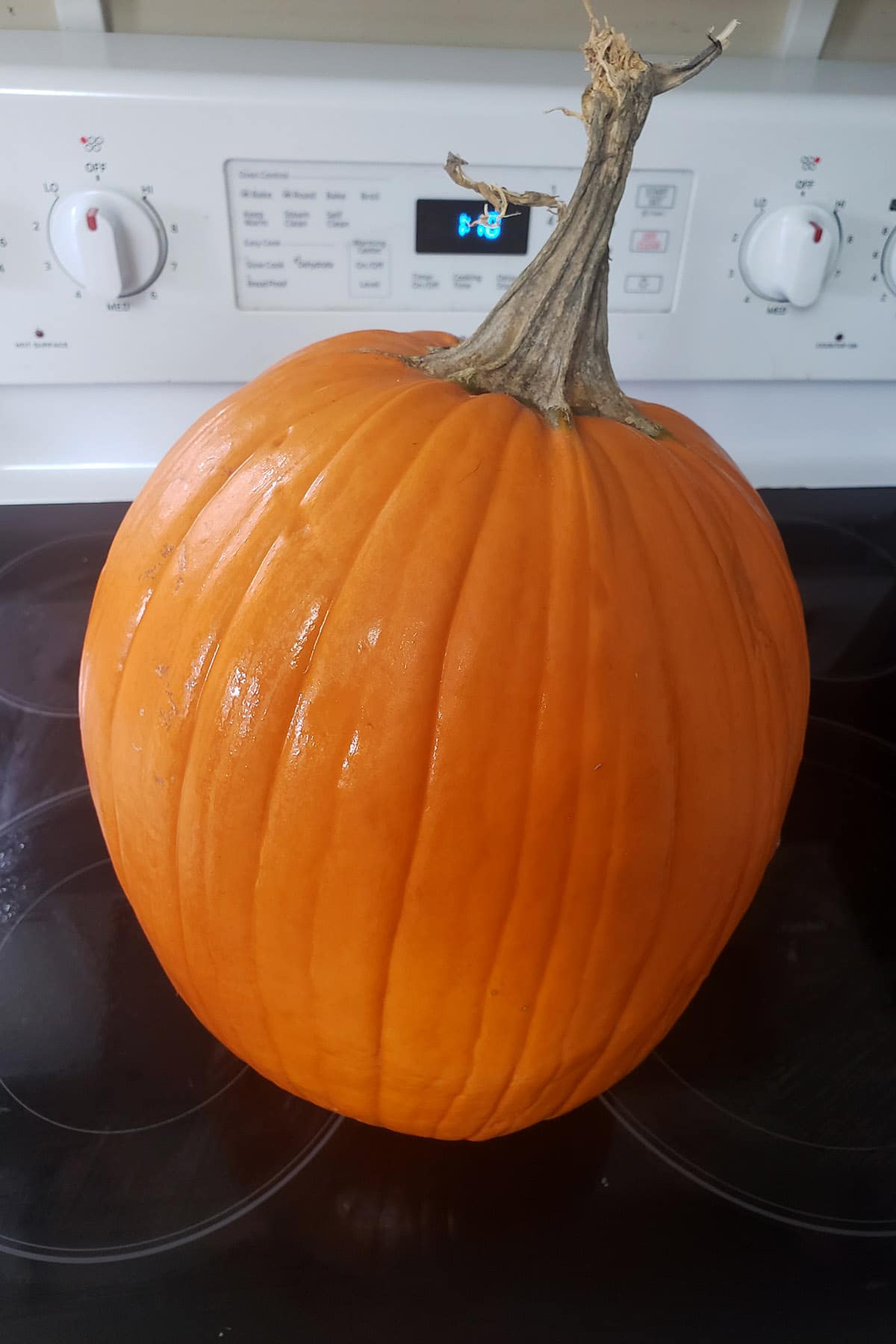 A large orange pumpkin on a stove top.