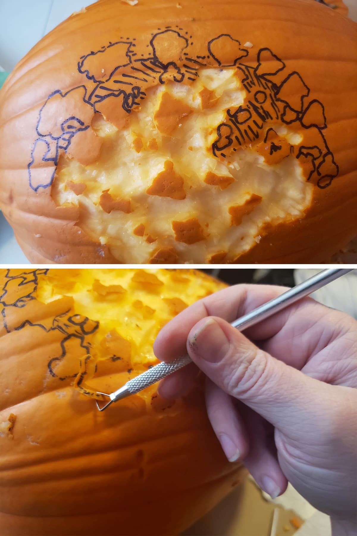 Using a carving tool to strip away sections of orange pumpkin rind.