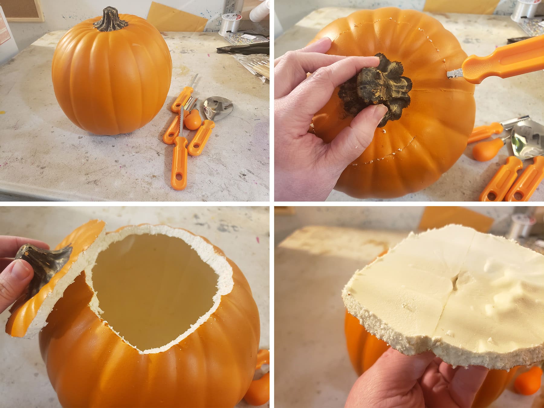 The top of a foam pumpkin being cut off.
