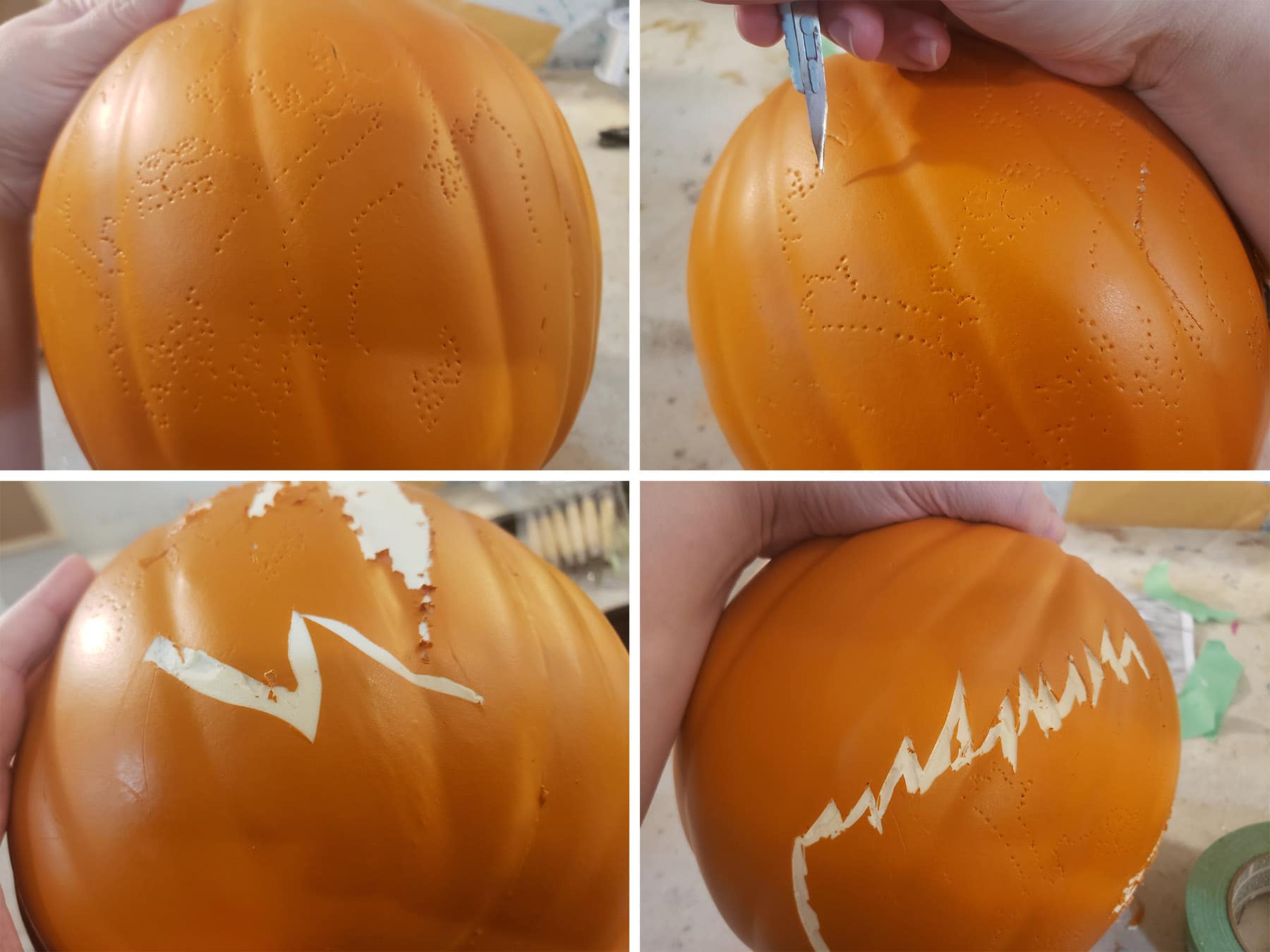 A scalpel being used to trace the Elmo design and lift out sections of orange pumpkin skin.