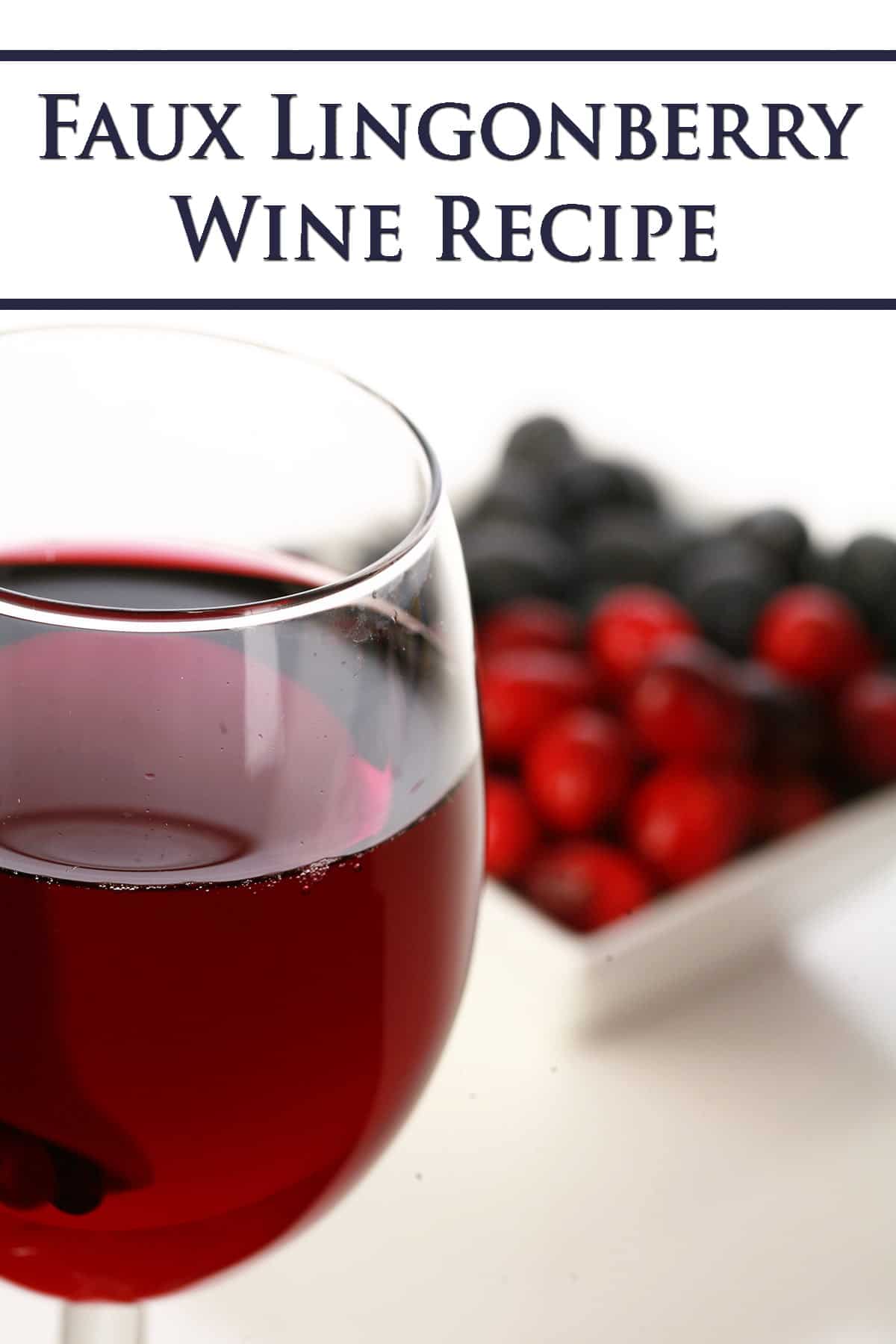 A glass of red wine - made from this faux lingonberry wine recipe - is pictured next to a small bowl of cranberries and blueberries