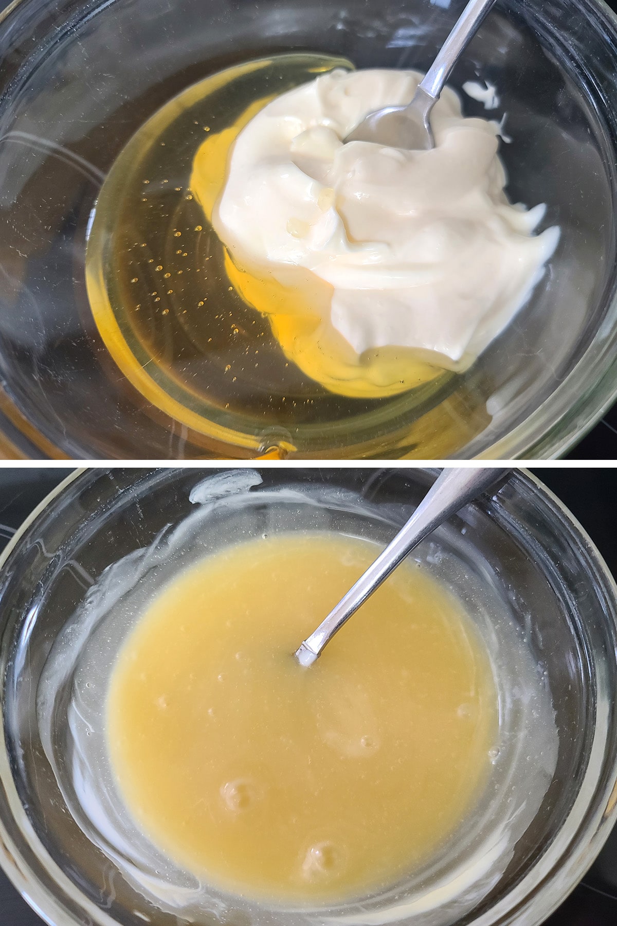 A two part image showing liquid honey and mayonnaise measured info a glass bowl, then mixed together until smooth.