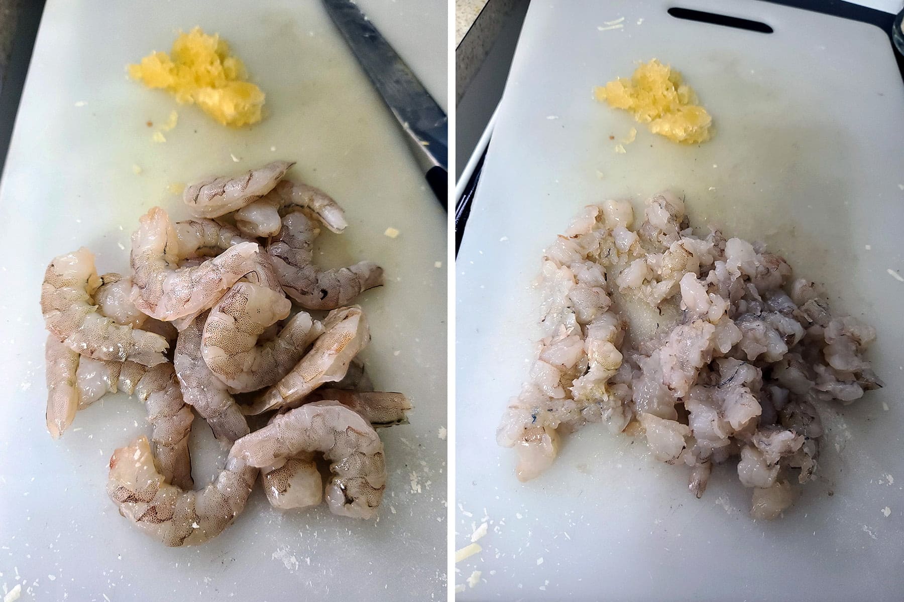 A two part compilation image showing whole raw shrimp and minced garlic on a cutting board, and the same cutting board with the shrimp chopped up on it.
