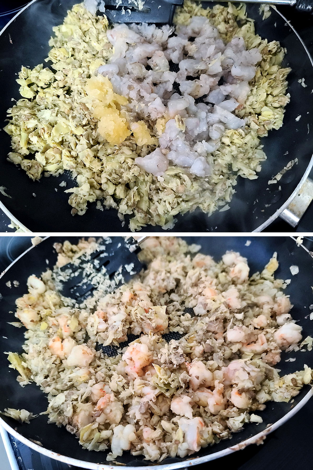 A two part compilation image showing shrimp and garlic being added to the frying pan, and the mixture being cooked together.