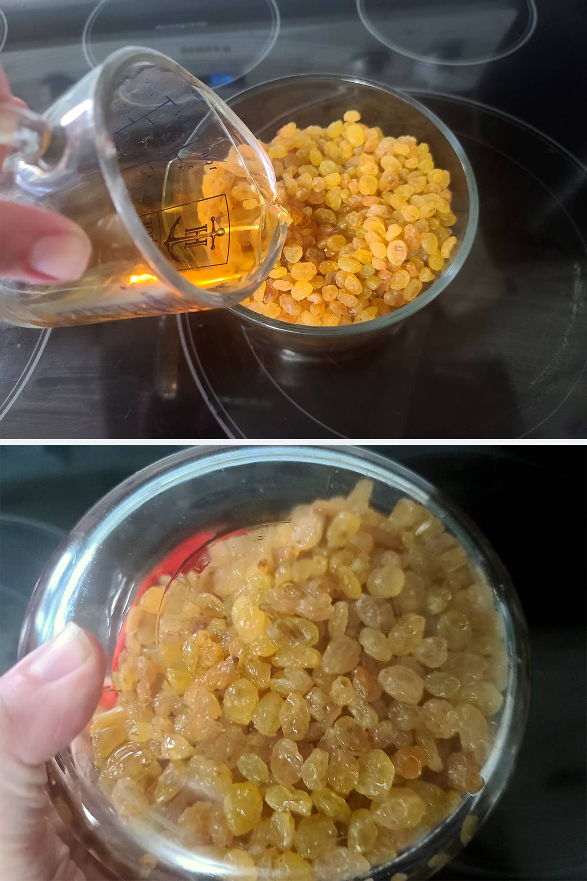 A 2 part image showing raisins being soaked in whiskey.