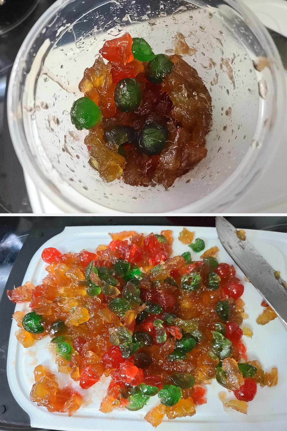 A 2 part image showing glazed fruit being chopped up.