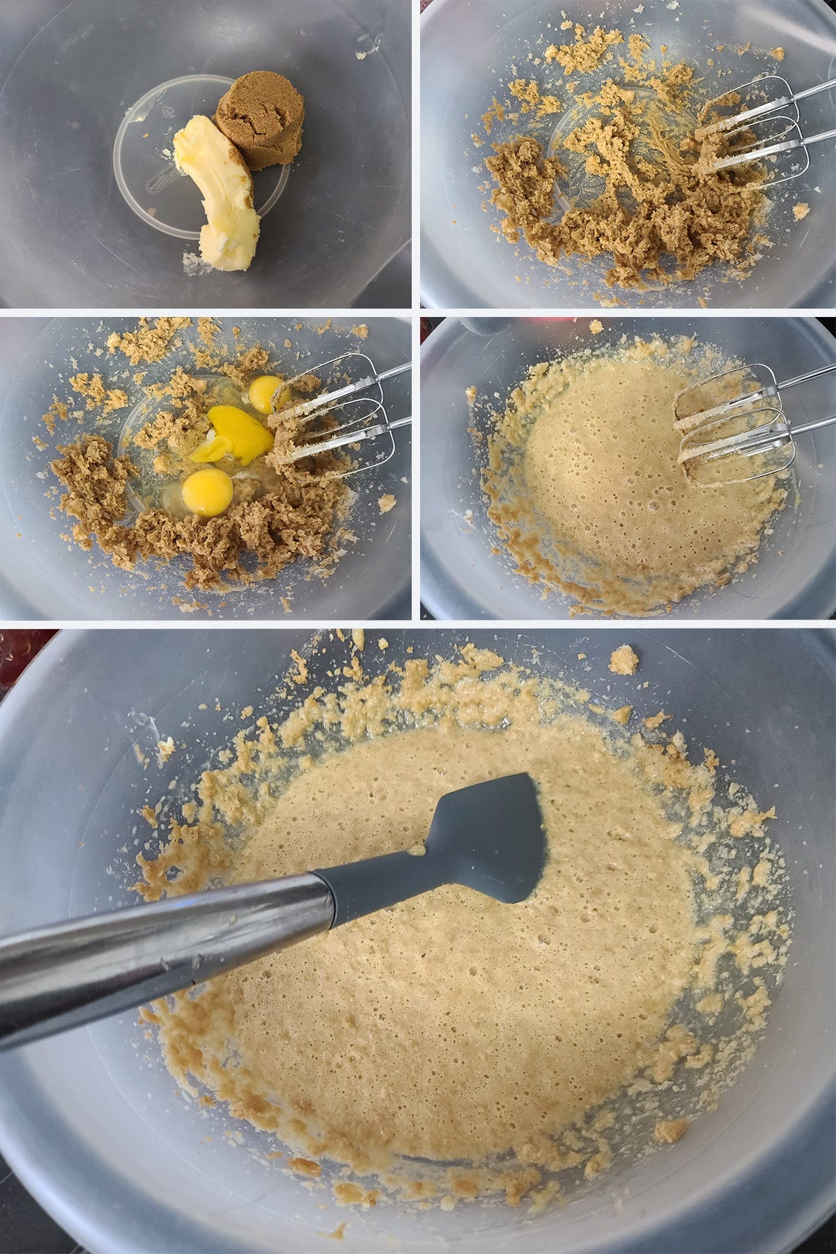 A 5 part image showing the sugar and butter being creamed, and the other wet ingredients whisked in.