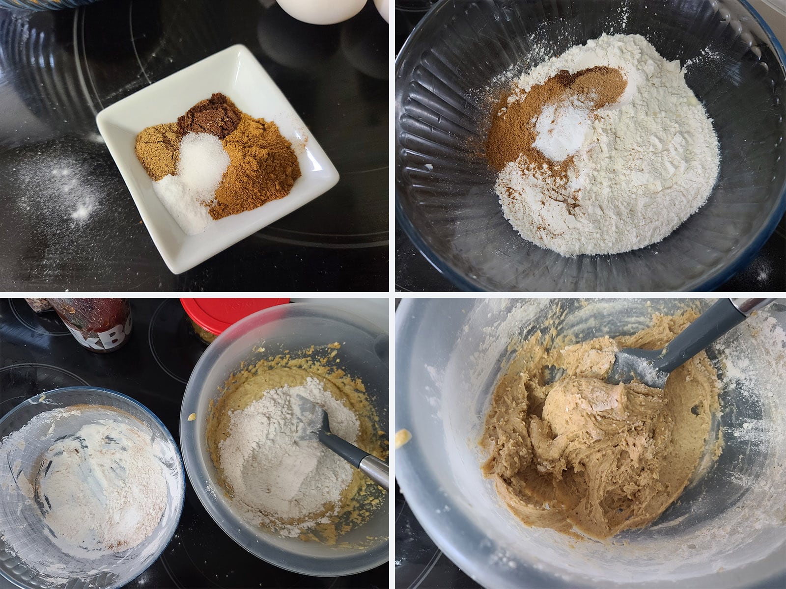 A 4 part image showing the dry ingredients being mixed together and added to the cookie dough.