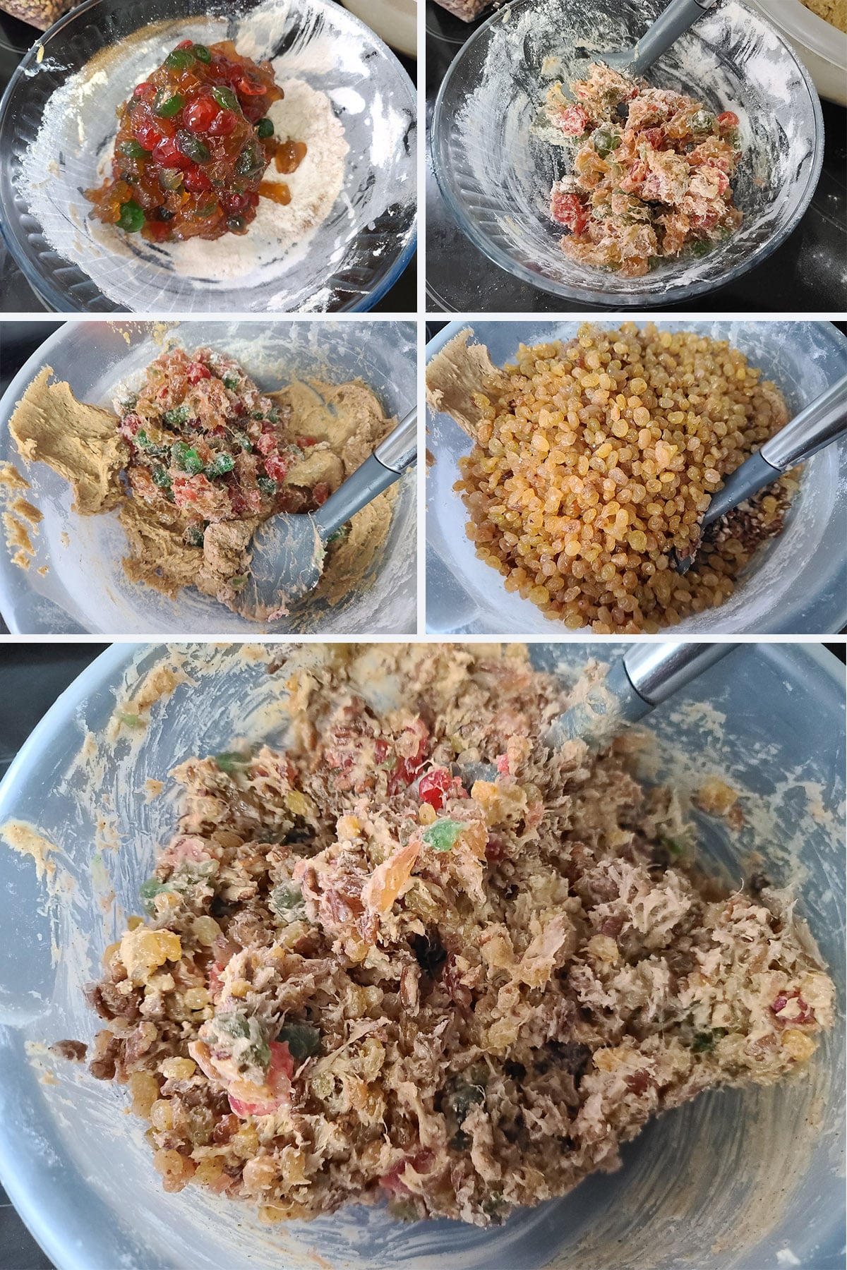 5 part image showing flour being added to the glazed fruits, then mixed together with the cookie dough and nuts.