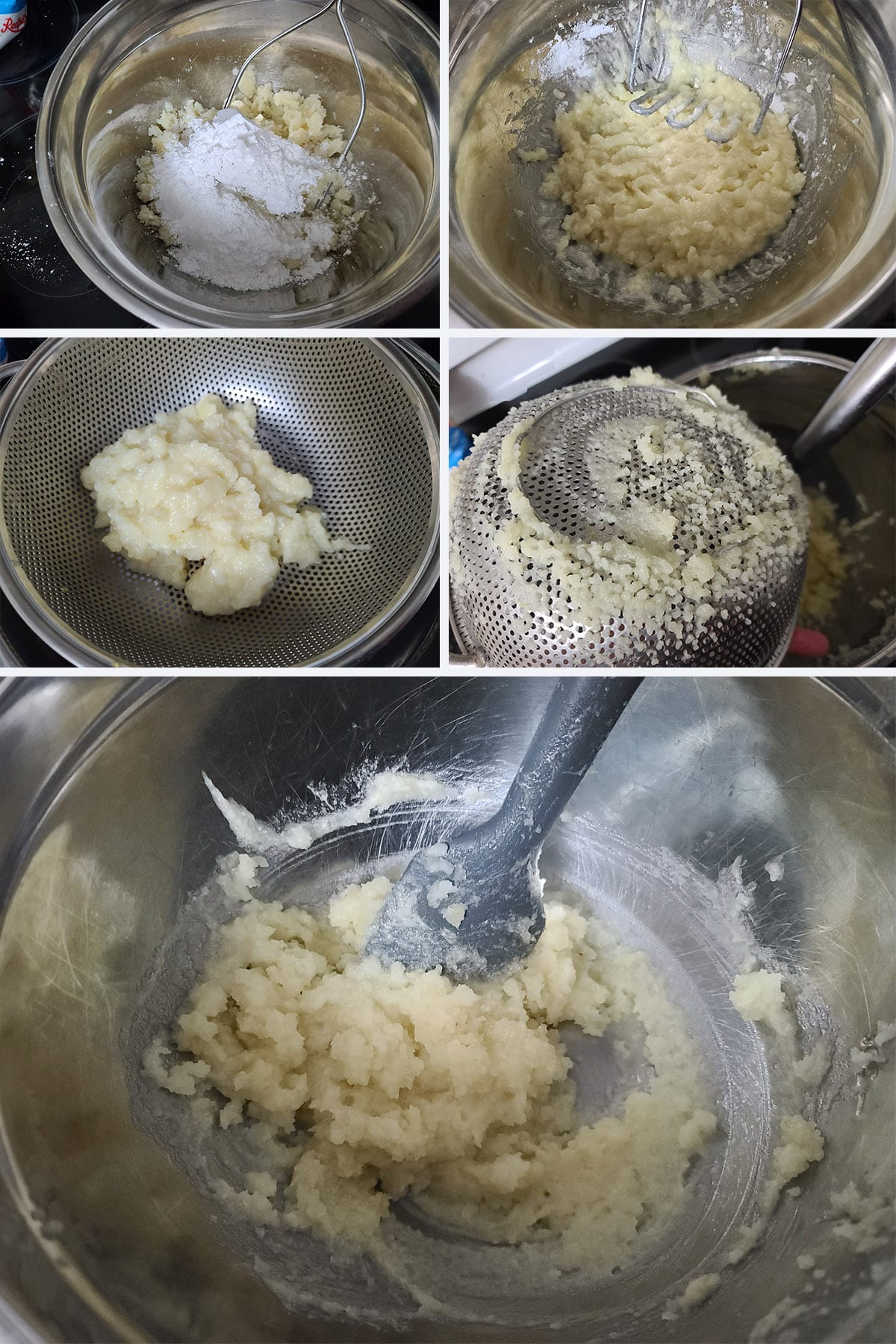 A 5 part image showing a bit of powdered sugar being added to the mashed potatoes, and the potatoes being pressed through a sieve.