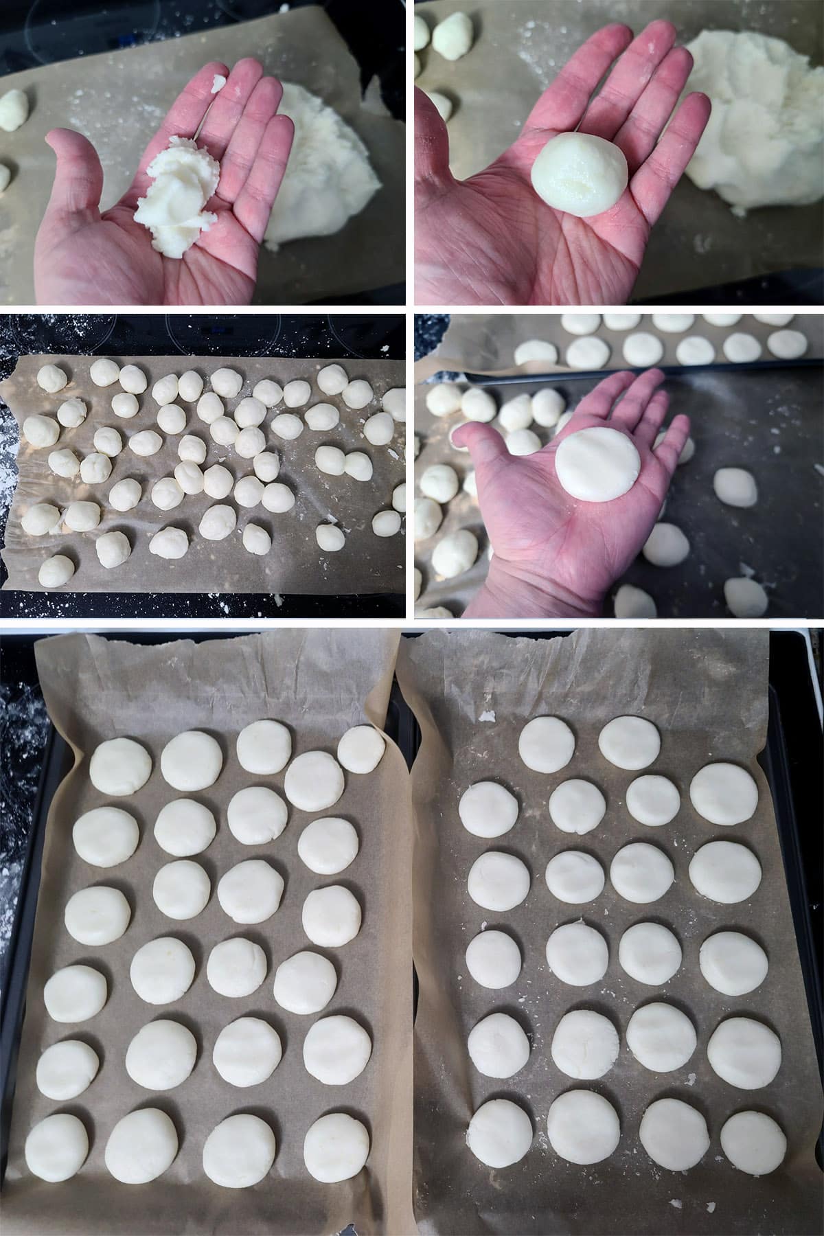 A 5 part image showing the dough being rolled into balls and flattened, then placed on baking sheets.