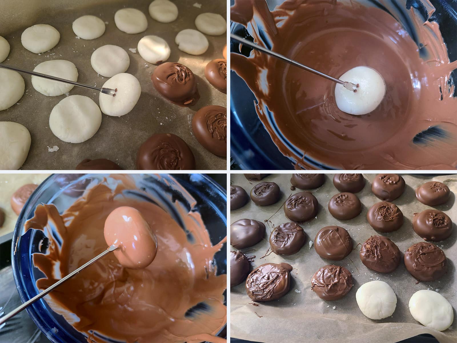 A 4 part image showing a peppermint disk being speared on a fondue fork and dipped in chocolate.