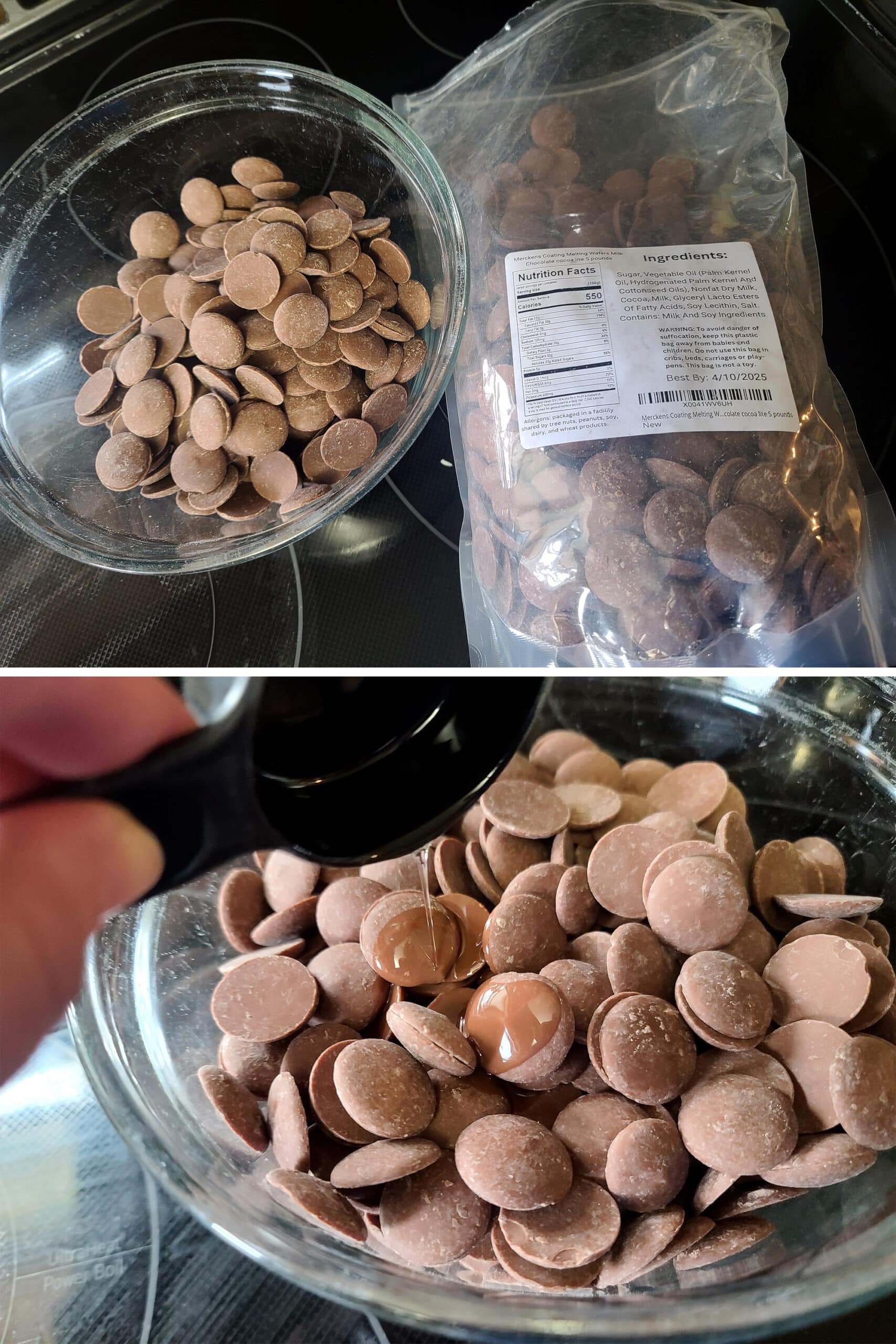 2 part image showing a big bag of Merckens Chocolate wafers, and 2 lbs of the wafers in a glass bowl, with ¼ cup of oil being poured in.