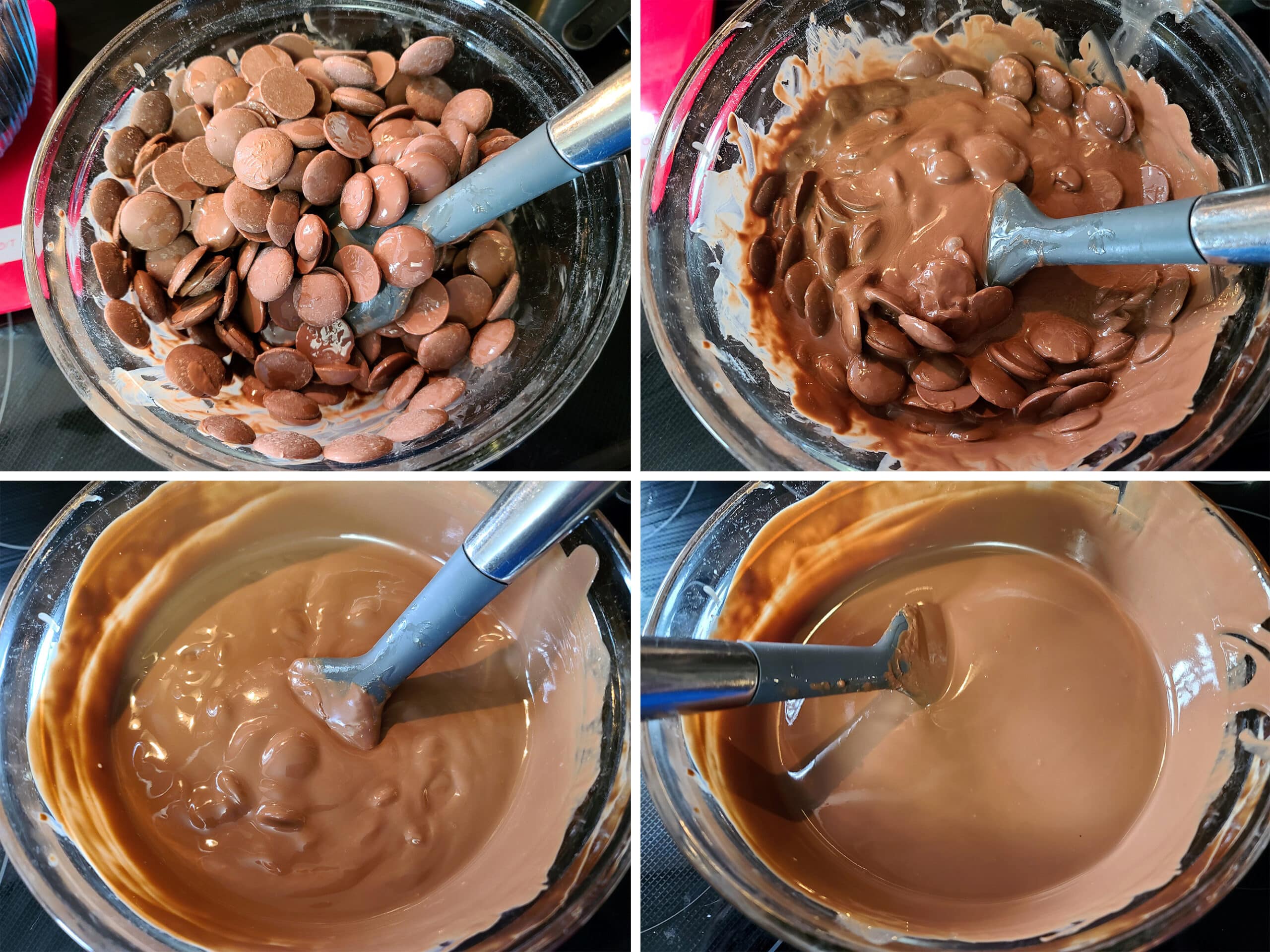 4 part image showing a glass bowl of chocolate fountain wafers being melted in stages.