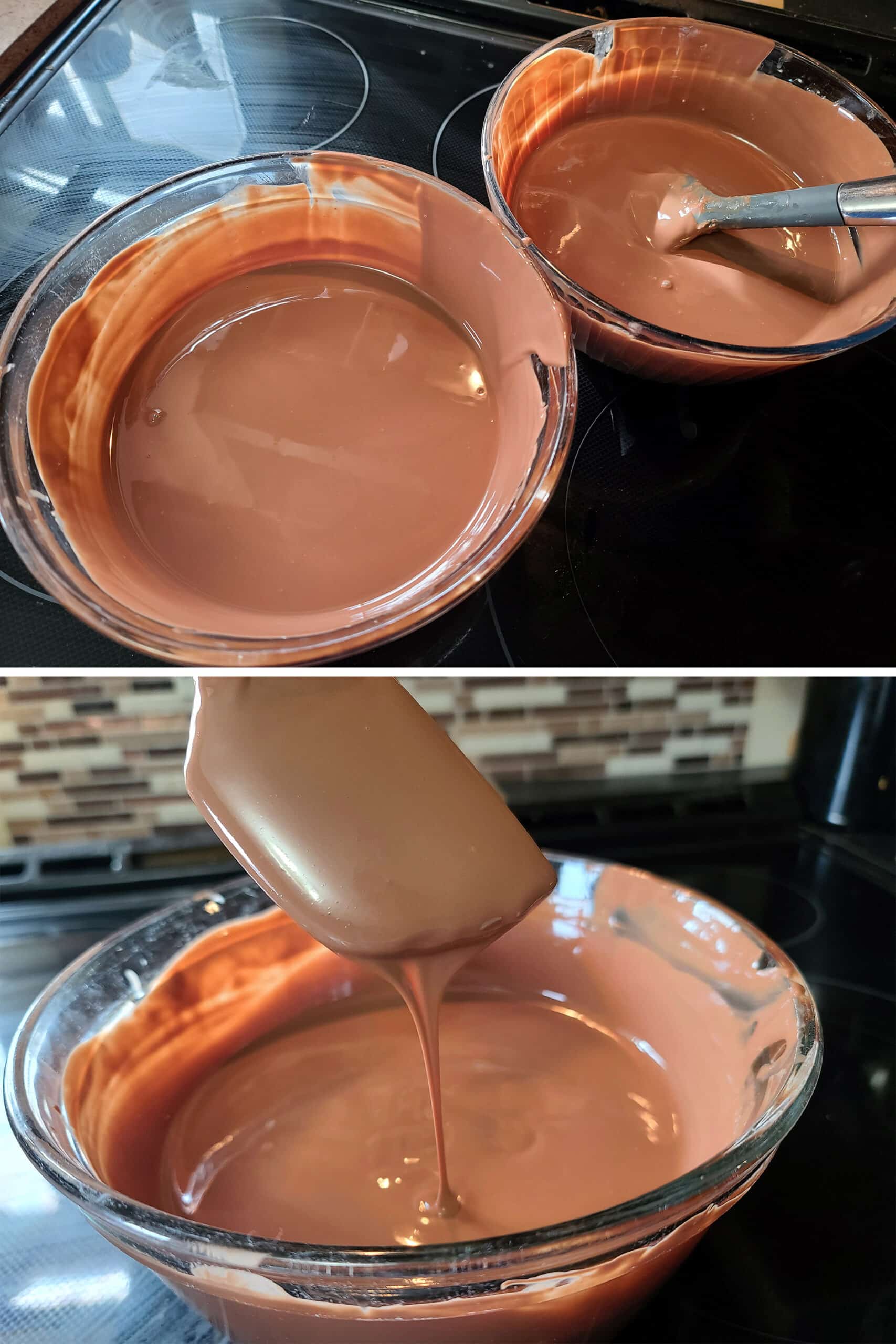 2 part image showing 2 bowls of melted chocolate fountain chocolate, and melted chocolate streaming off a silicon spatula.