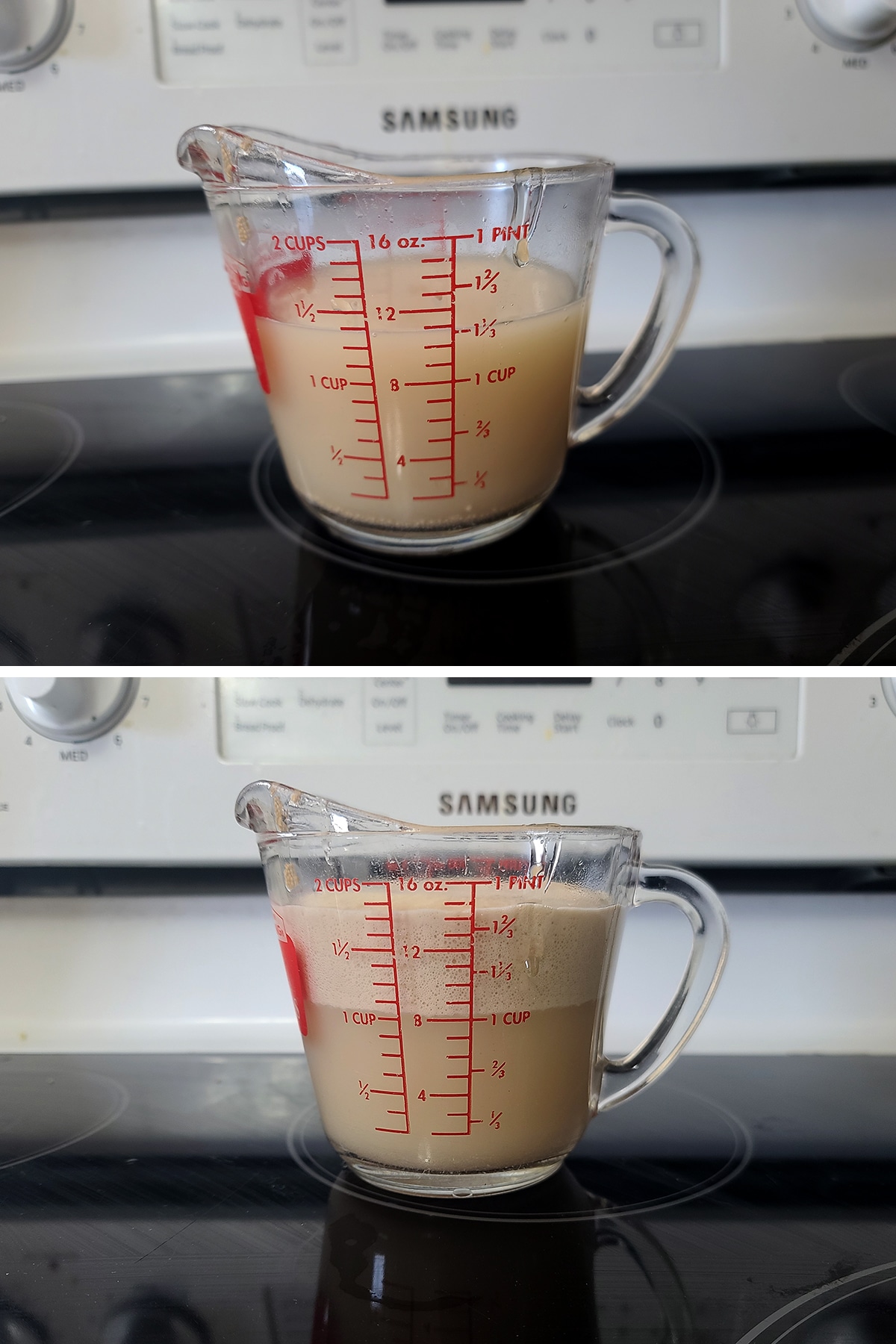 Yeast, honey, and water in a glass measuring cup.