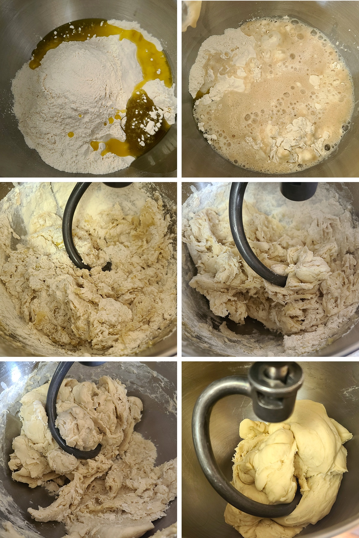 A 6 part image showing the progression from adding the ingredients to the mizing  bowl, through various stages, ending at a smooth dough.