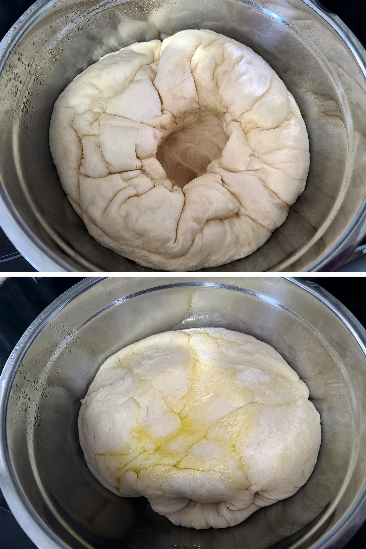 A two part image showing the dough with a punch dent in the middle, then after being flipped.