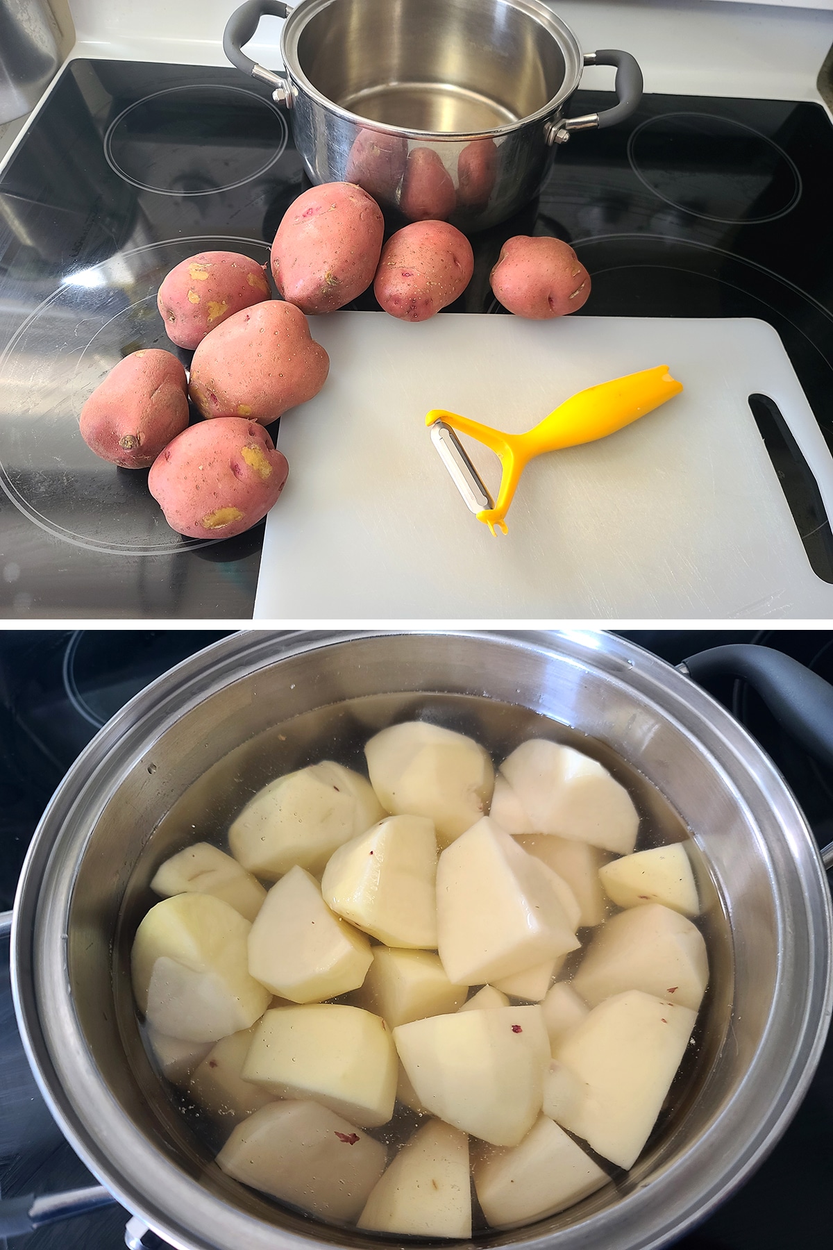 Potatoes on a cutting board, then peeled and cut up in a pot of water.