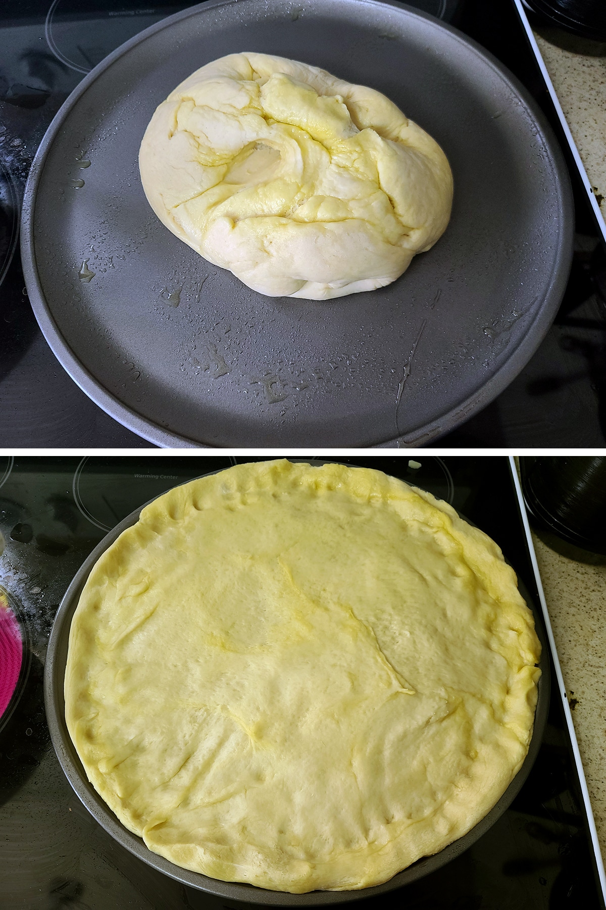 A dough ball being spread out on a greased pizza pan.