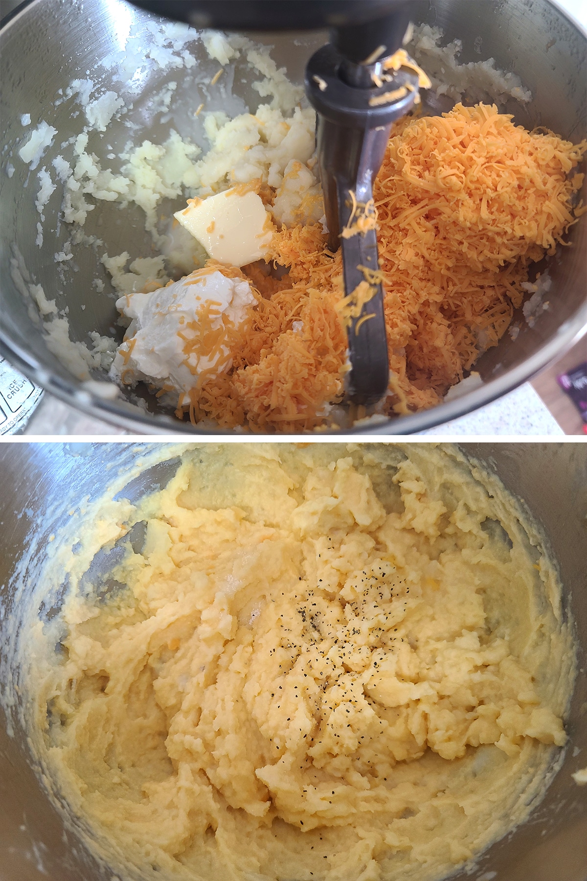 A two part image showing cheese, butter, sour cream, and milk being added to mashed potatoes, then the finished mixture after beating it together.