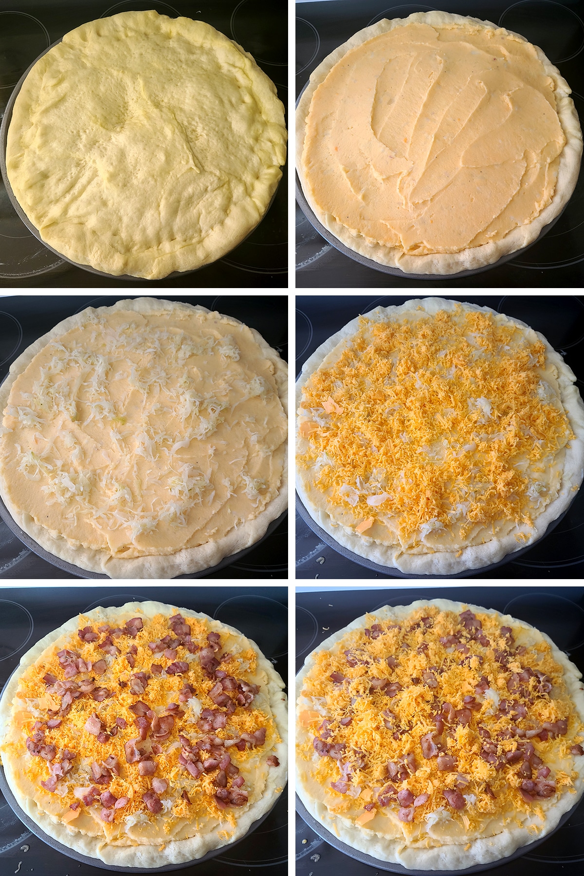 A 6 part image showing the progression of topping the pizza, as described in the post.