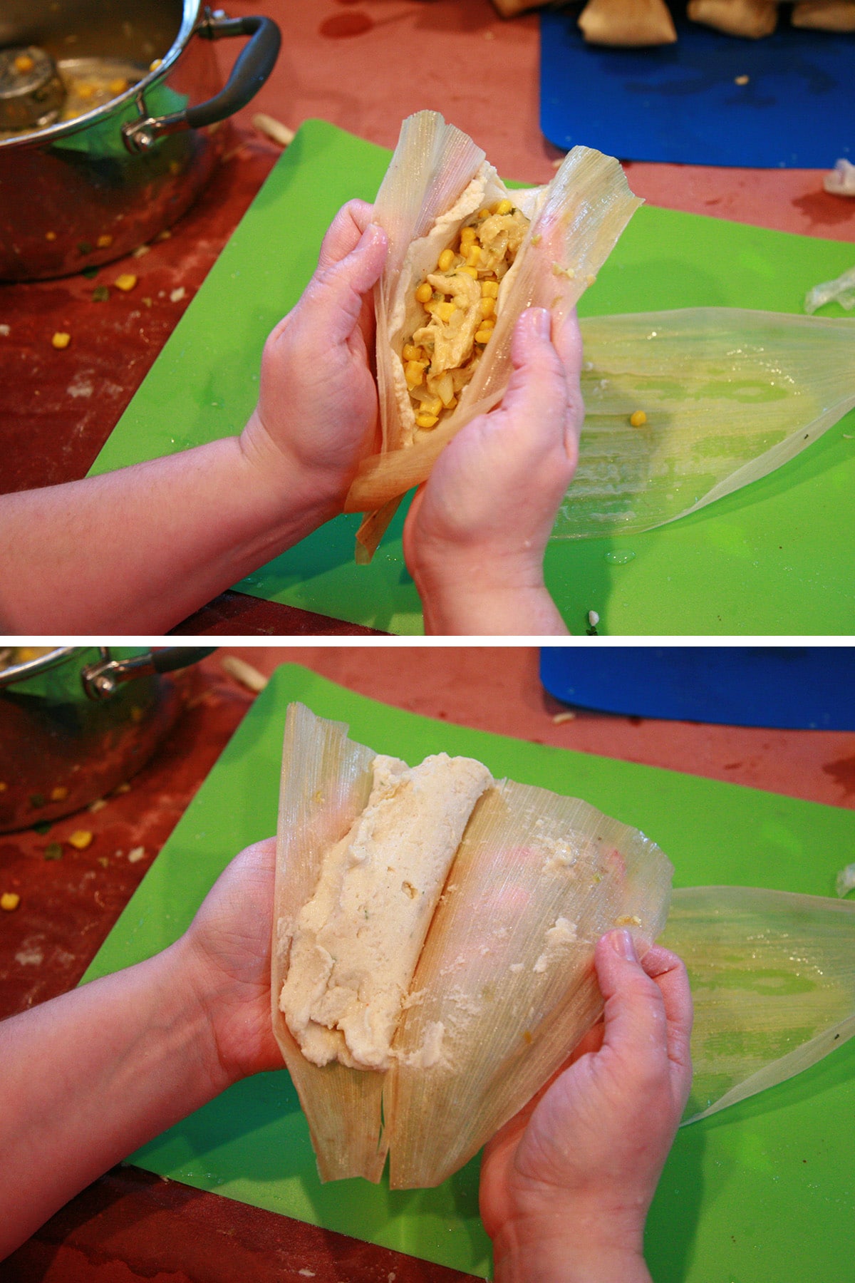 The filled corn husk is olded in half and pressed together.