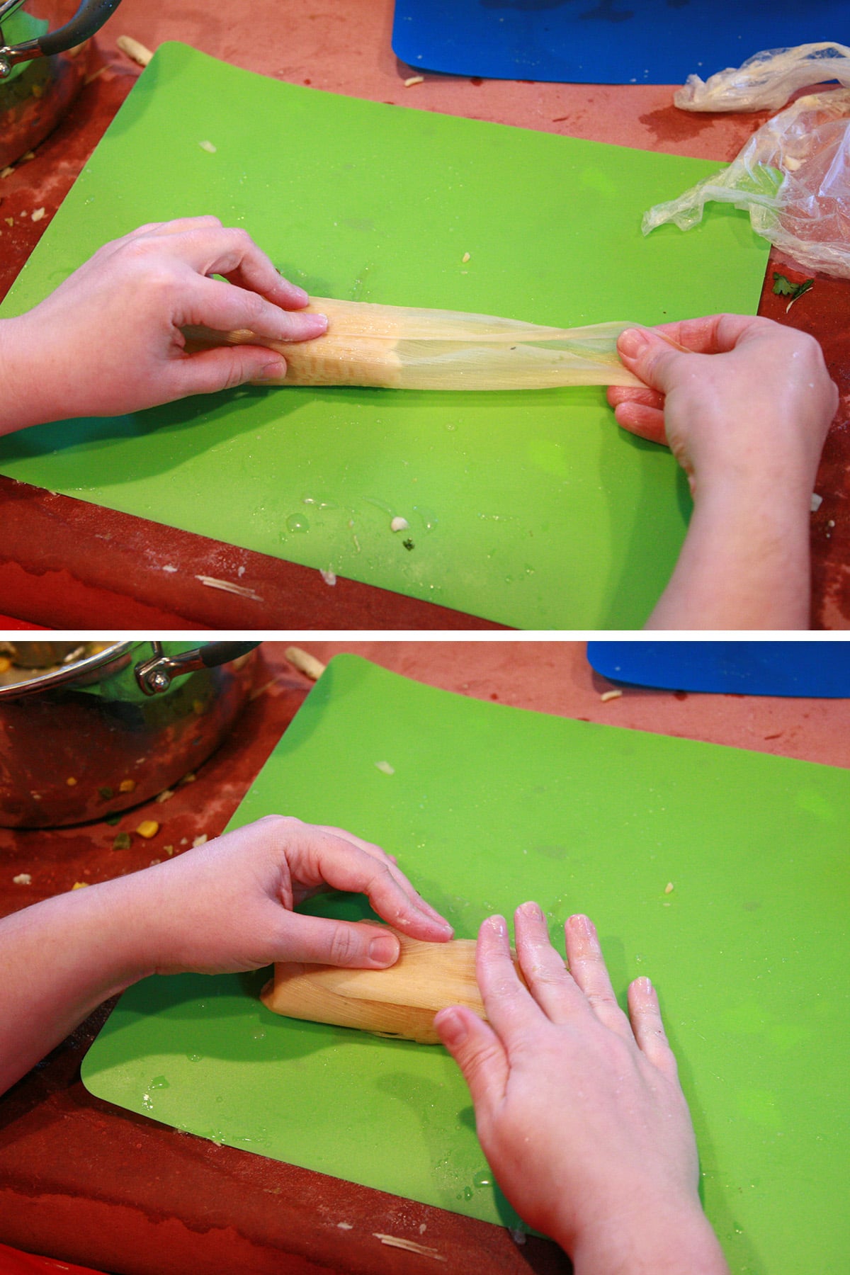 Two hands fold the tamale, as described.