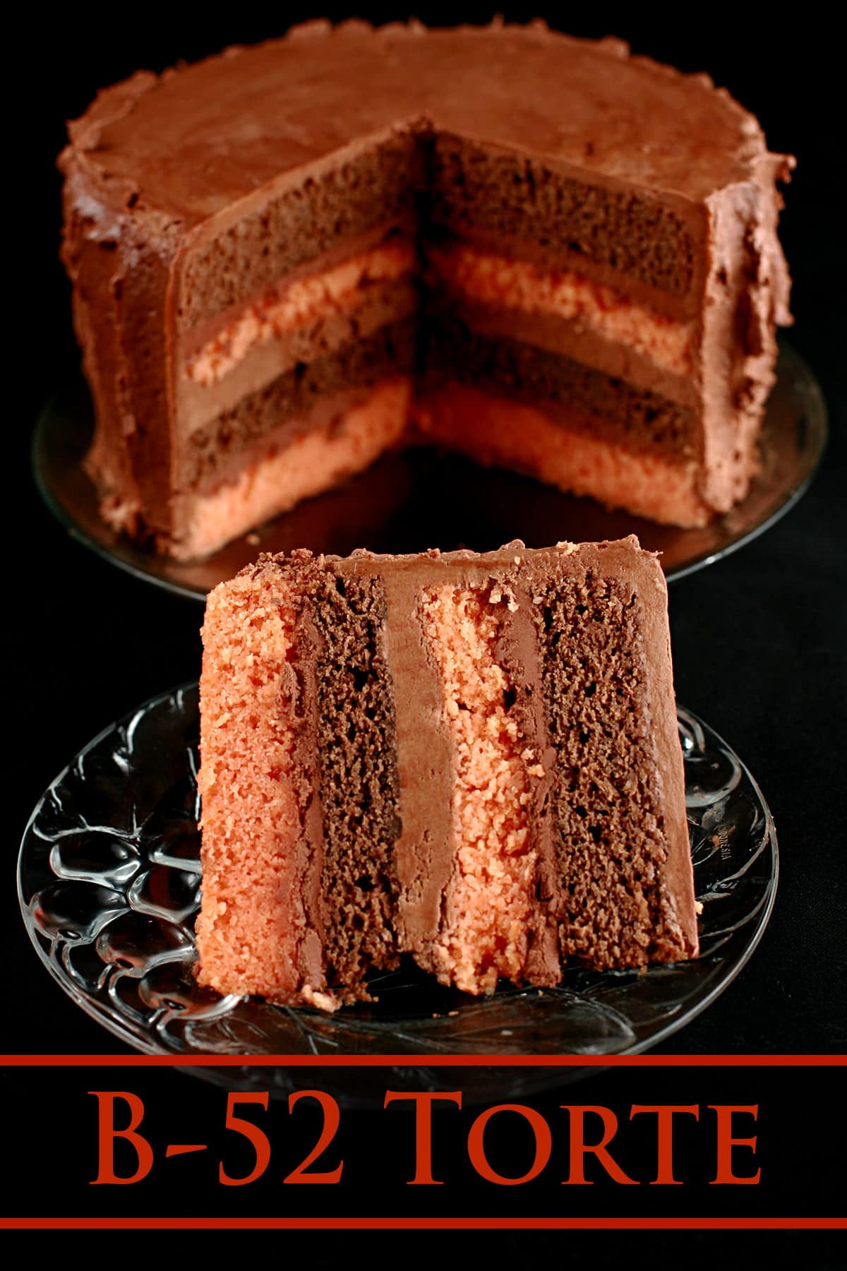 A large slice of B-52 Cake is shown in front of a round, whole cake with a section cut out. The cake shows layers of mocha and orange cakes, separated by layers of blood orange ganache and Irish Cream buttercream.