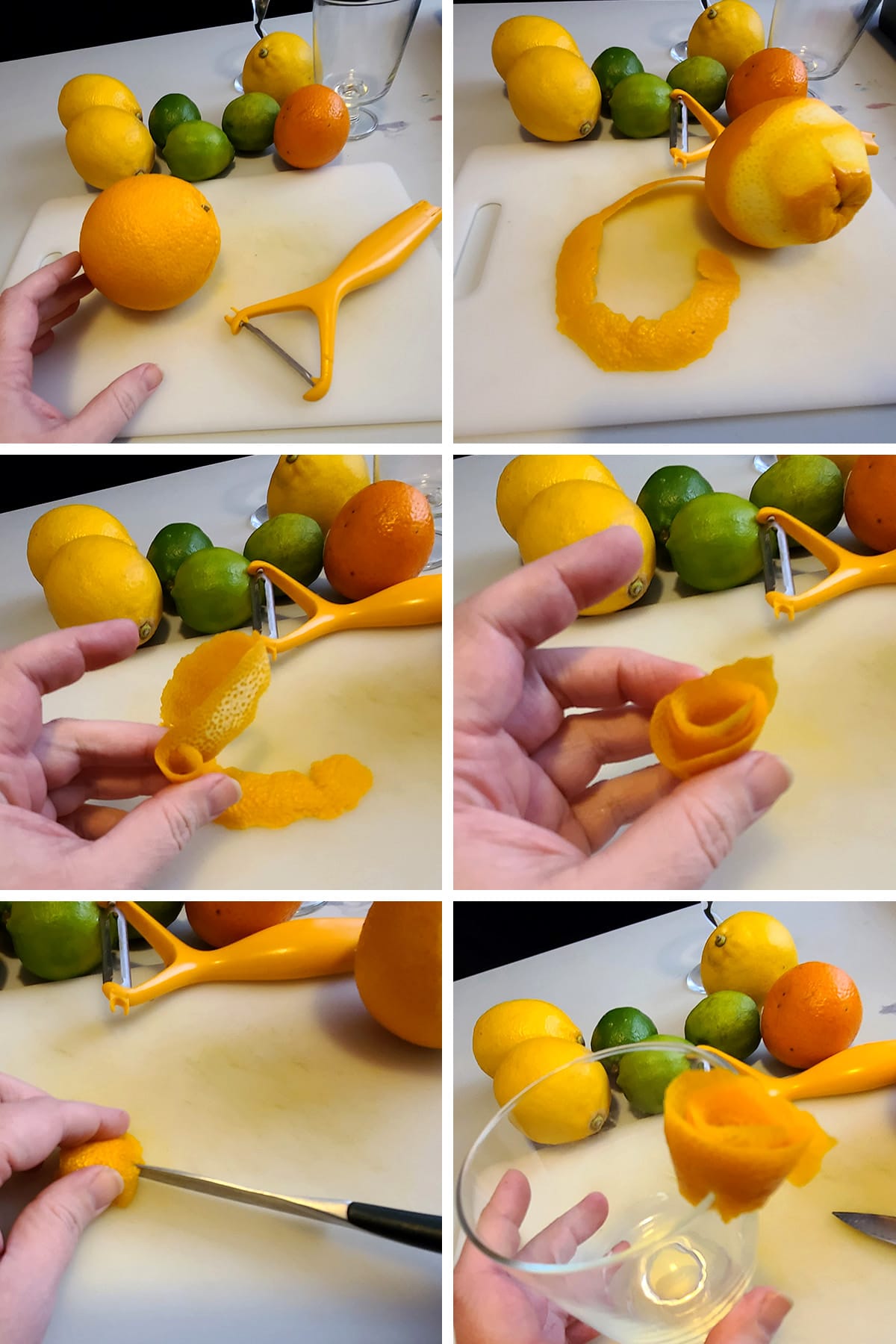 A 6 part compilation image showing the steps involved with making the main section of a rose garnish, as described in the post.
