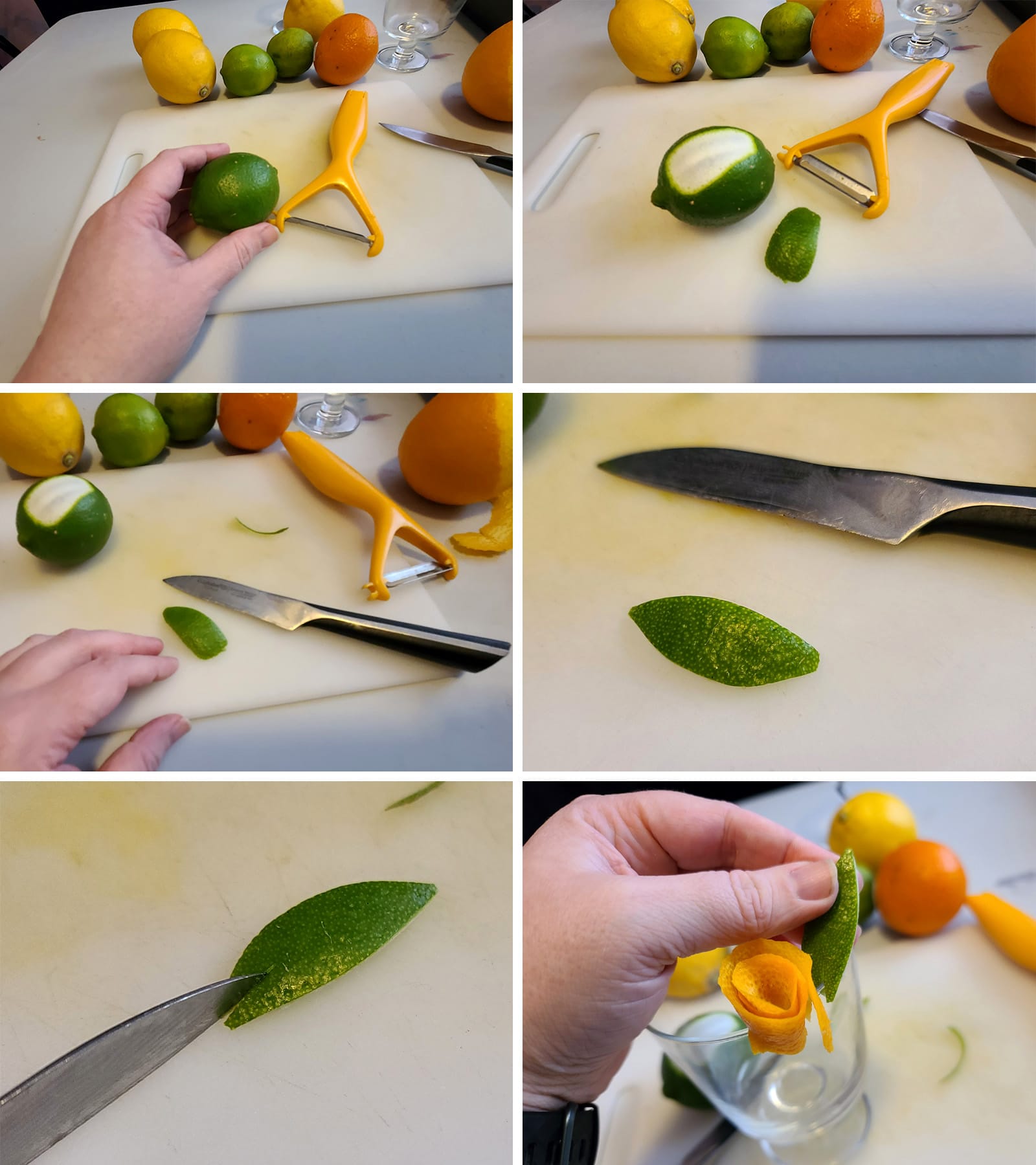 A 6 part compilation image showing a leaf being cut from a lime peel.