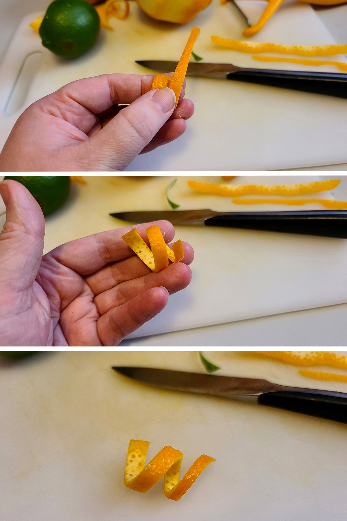 A 3 part compilation image showing a strip of orange peel being twisted into a curl garnish.