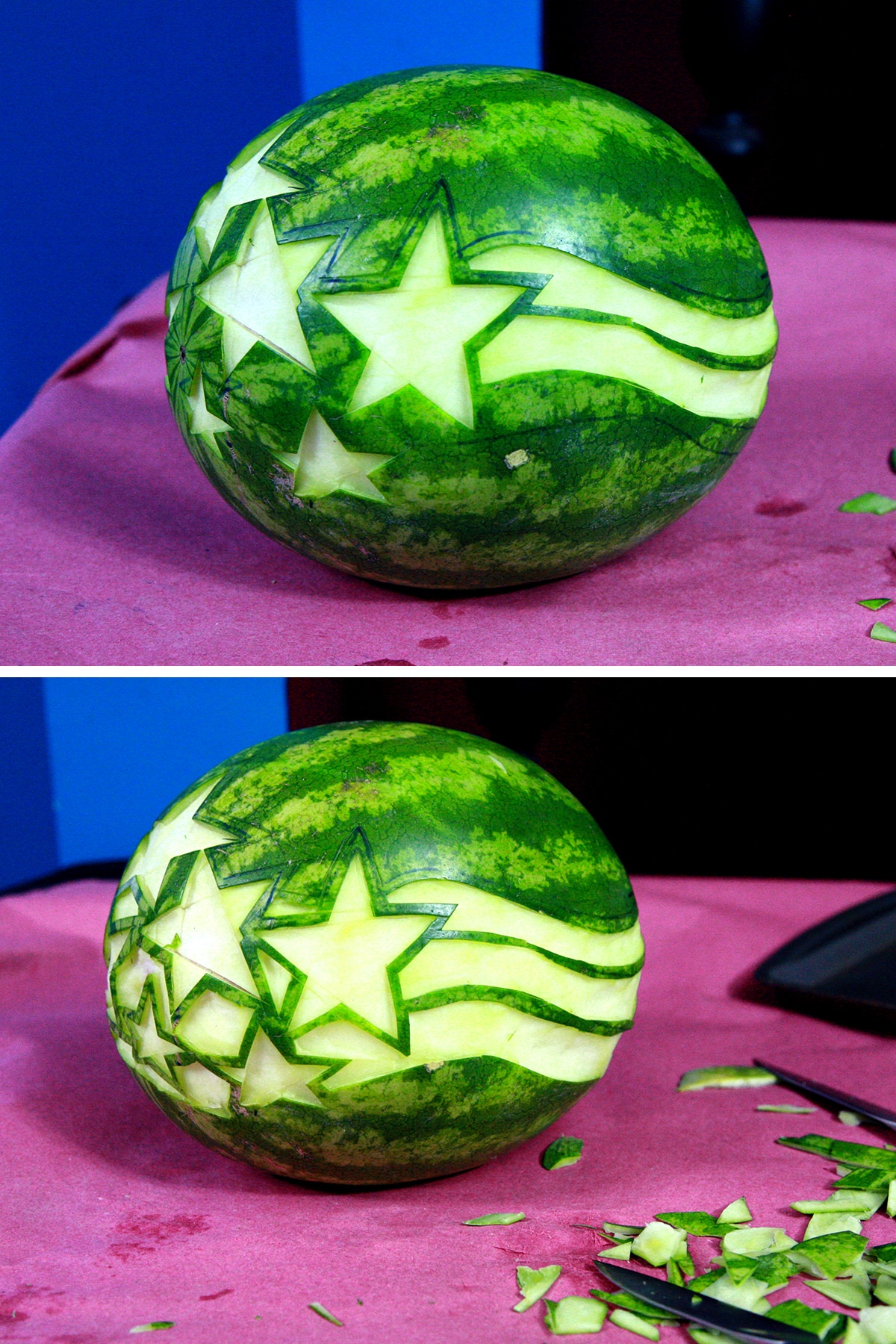 A two part image showing stars and stripes being carved out of the watermelon rind.
