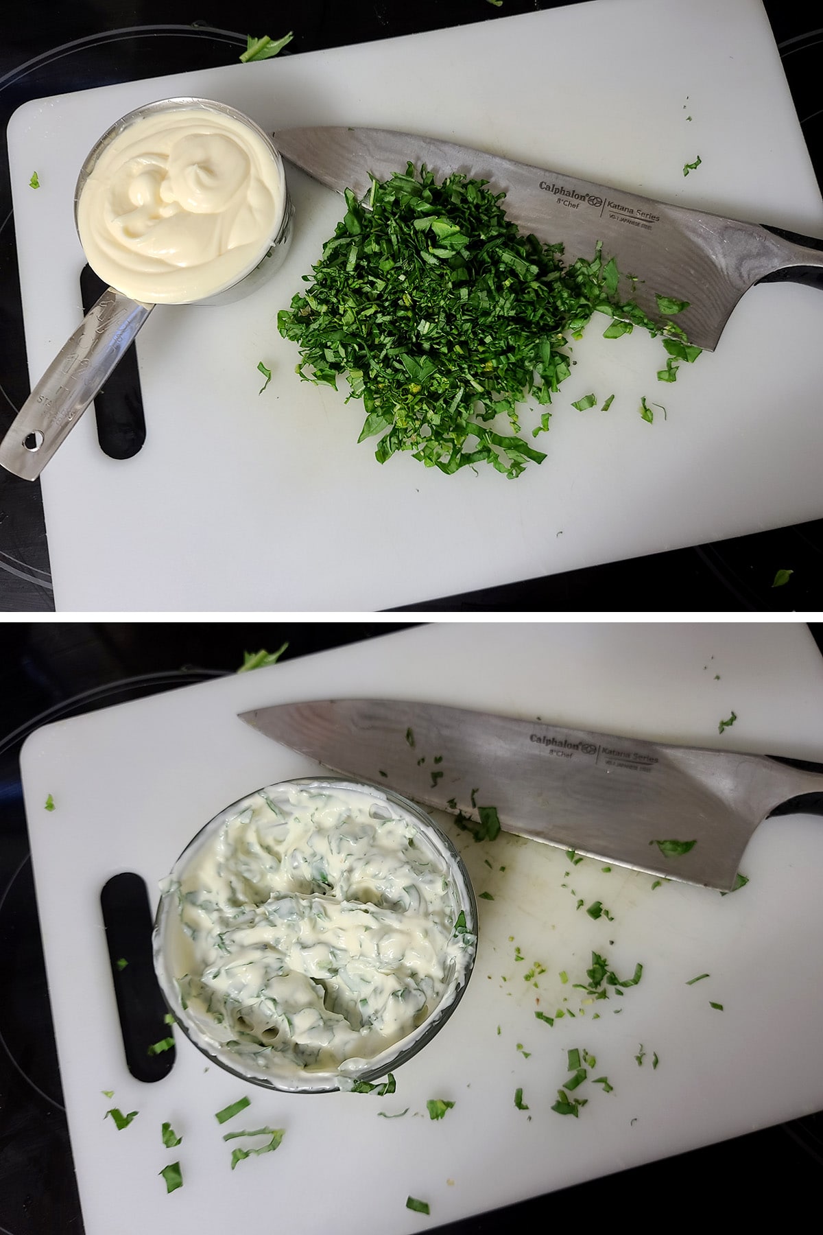 A two part compilation image showing mayonnaise and chopped fresh basil on a cutting board, then the two mixed together in a small glass bowl.