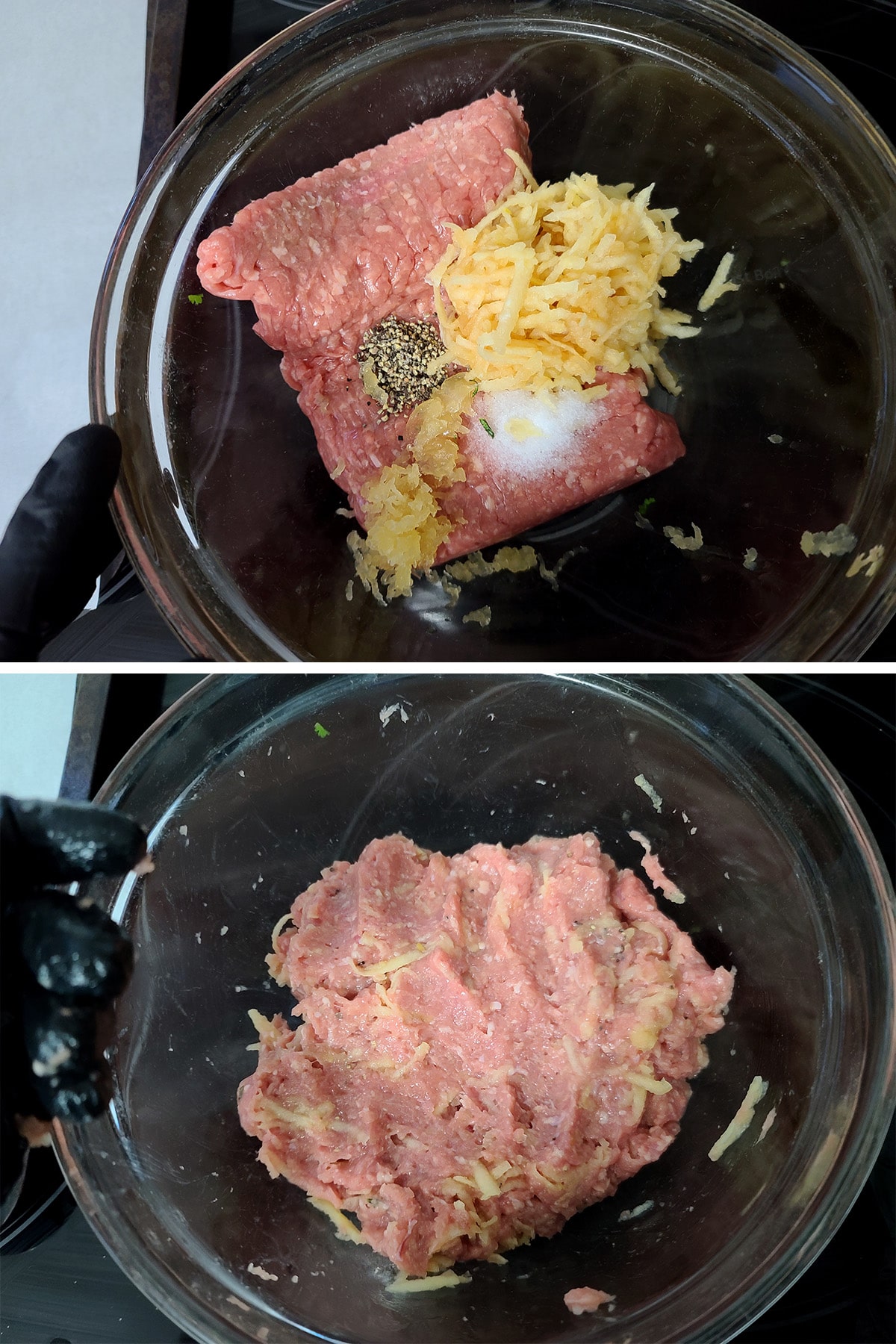 A two part compilation image showing ground chicken, shredded apple, and seasonings in a bowl, then all of them mixed together in the same glass bowl.