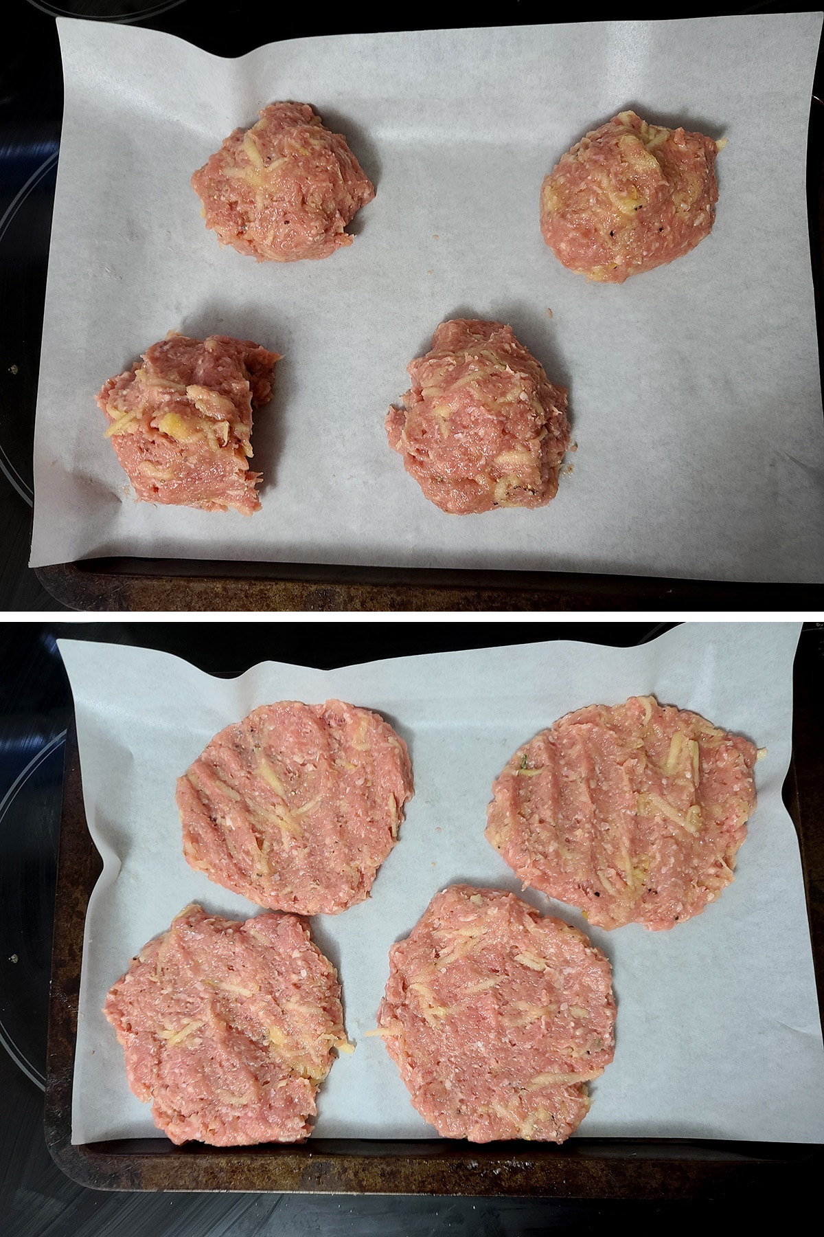 A two part compilation image showing the chicken mixture divided into 4 balls on a parchment lined baking sheet, then formed into burgers on the same pan.