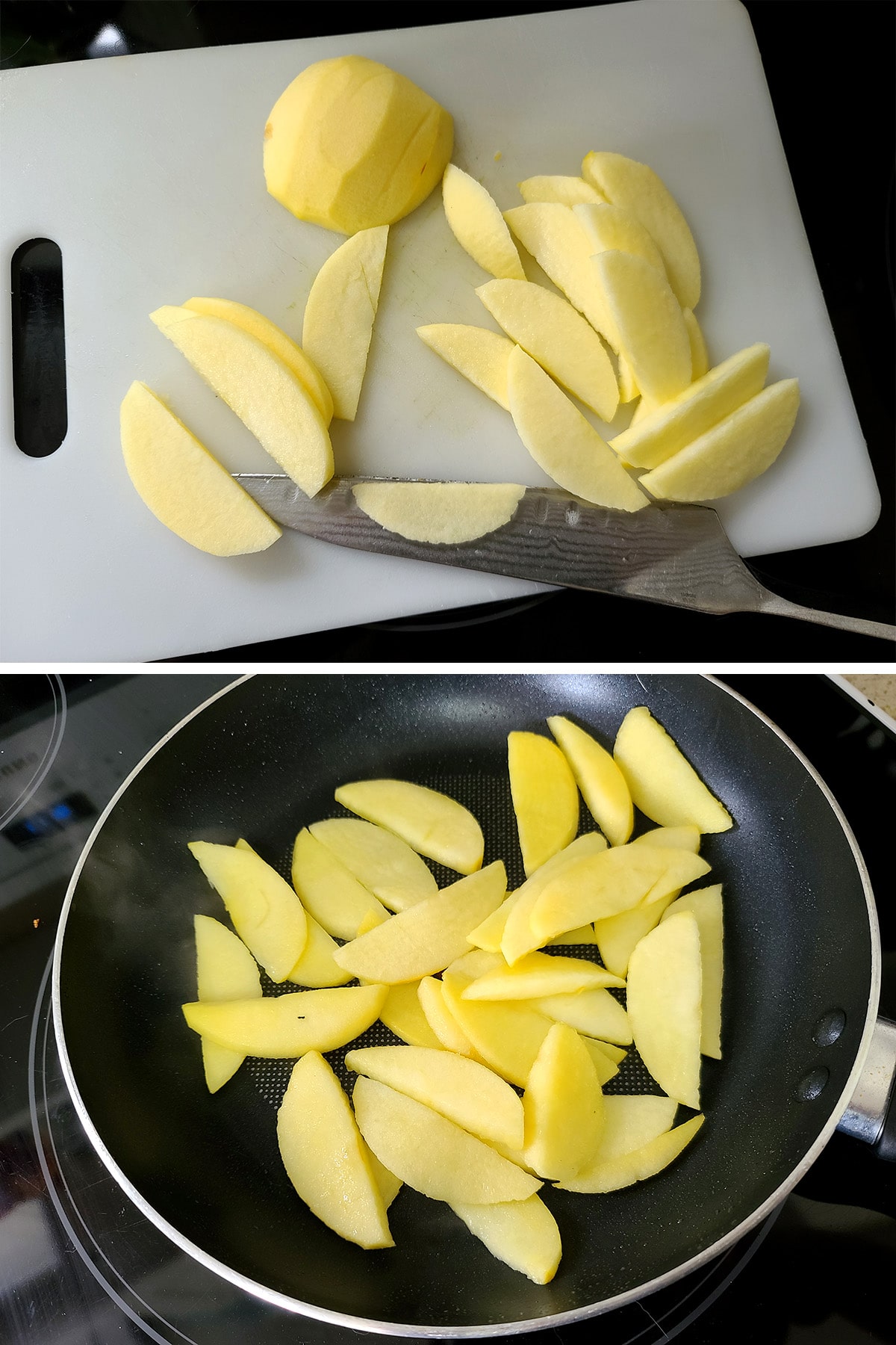 A two part compilation image showing sliced apples on a cutting board, then cooking in a nonstick frying pan.